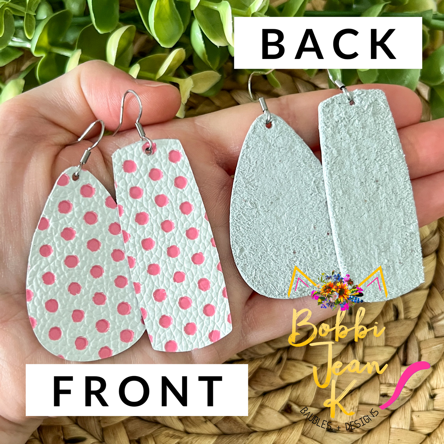 Pink Polka Dotted Embossed Leather Earrings: Choose From 2 Styles - ONLY ONE ROUNDED TEARDROP LEFT