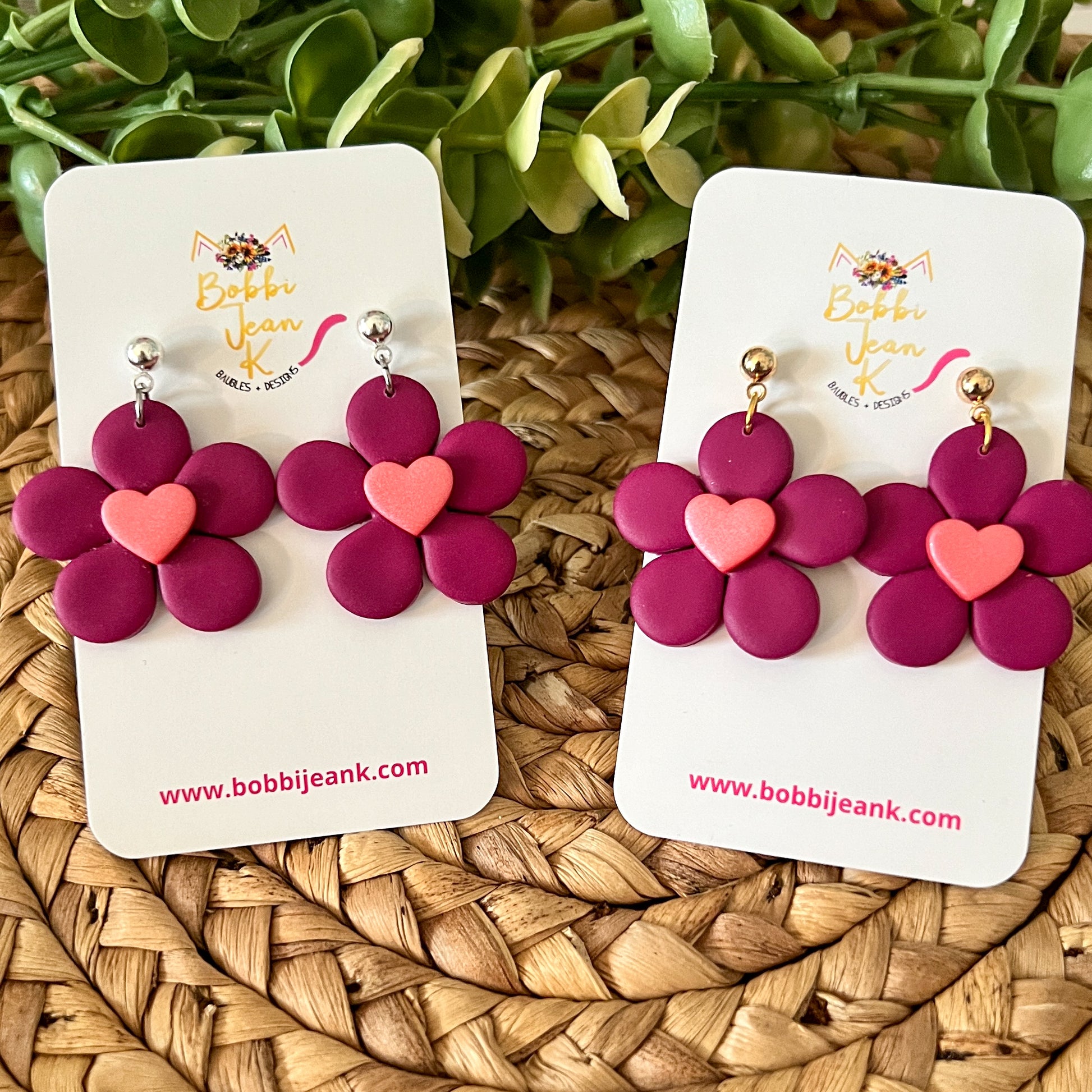 Plum Flower with Heart Center Clay Earrings: Choose From 2 Color Hearts