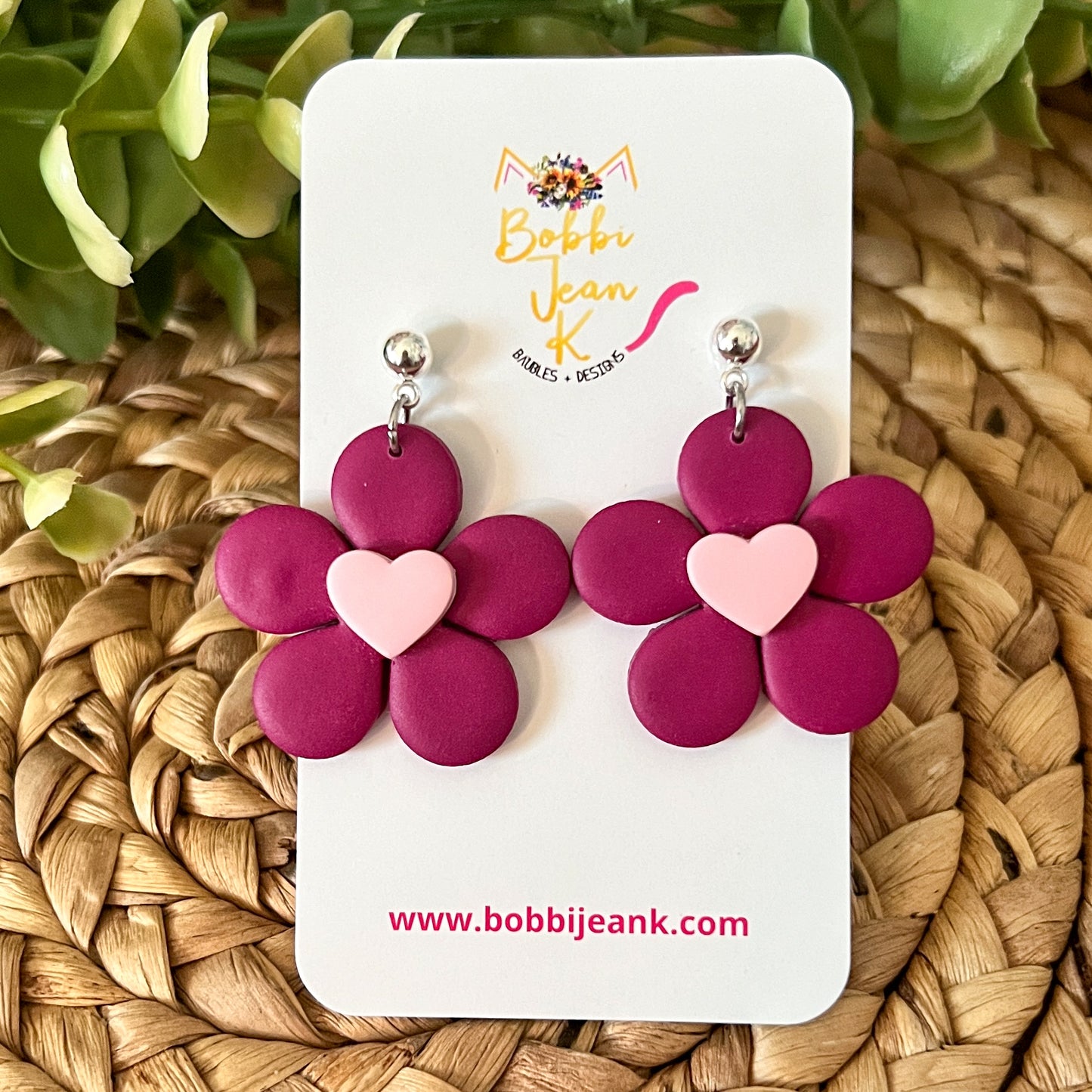 Plum Flower with Heart Center Clay Earrings: Choose From 2 Color Hearts