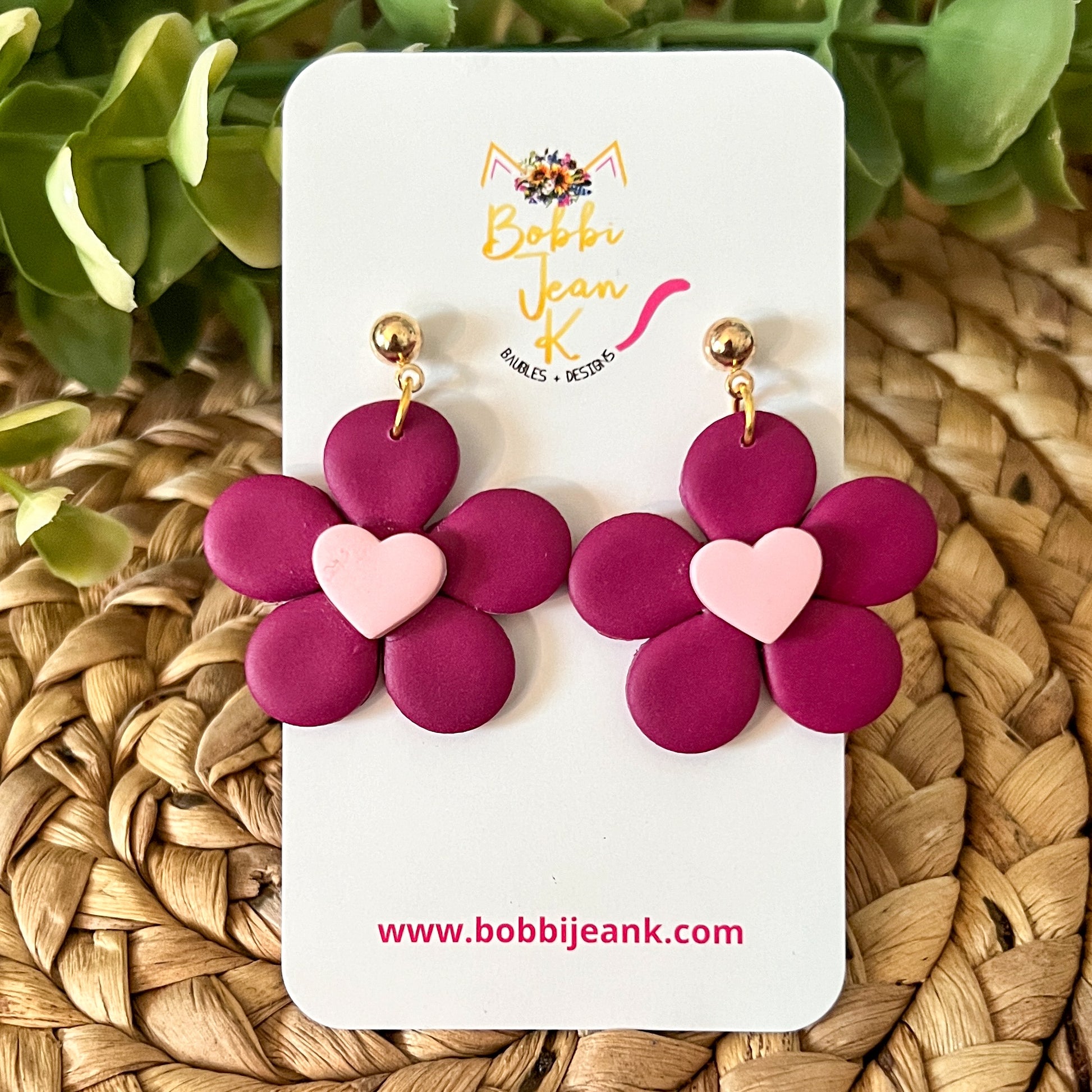 Plum Flower with Heart Center Clay Earrings: Choose From 2 Color Hearts