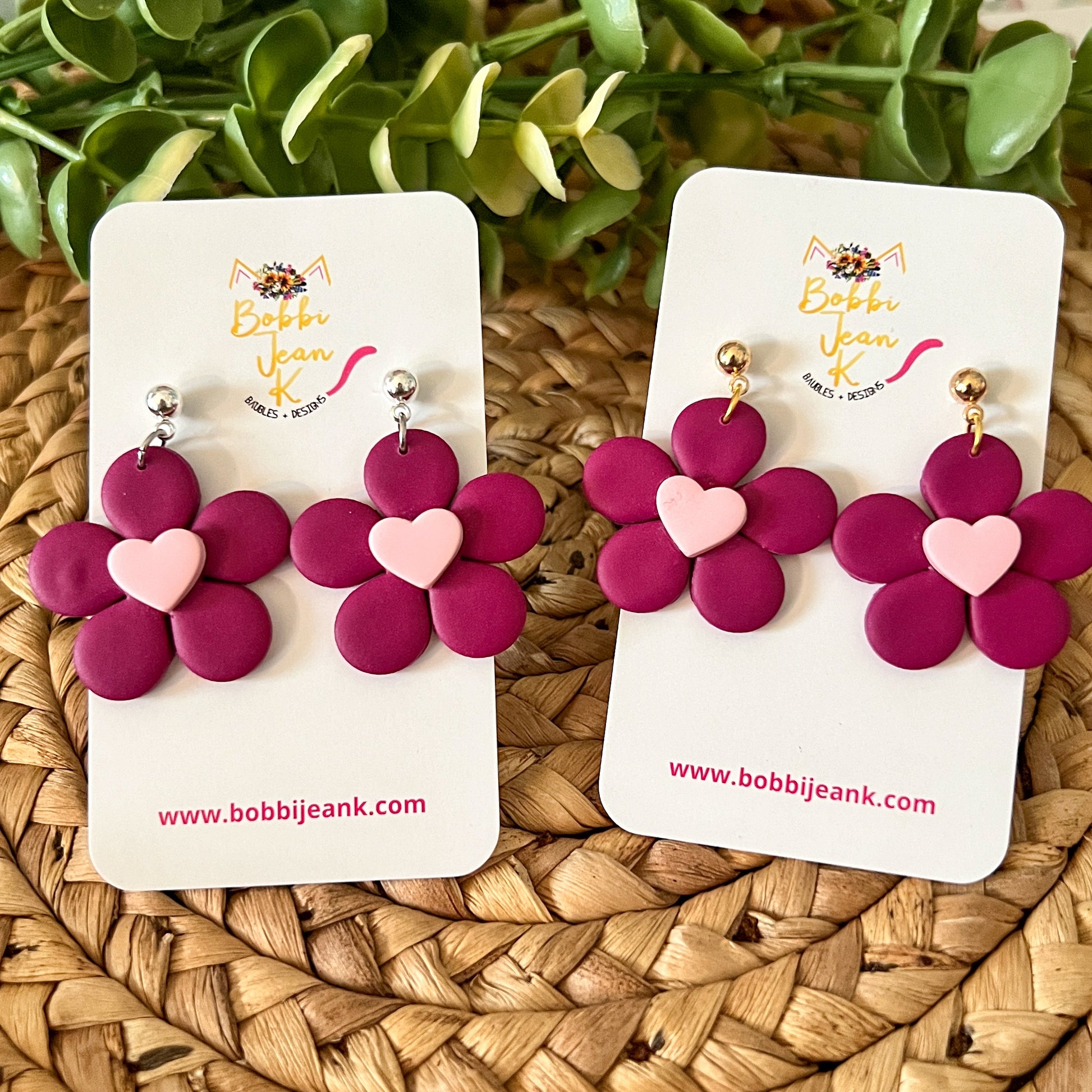 Plum Flower with Heart Center Clay Earrings: Choose From 2 Color Hearts