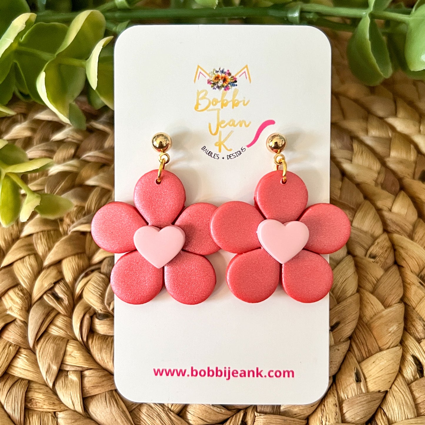 "Shimmer Sunset" Flower with Heart Center Clay Earrings: Choose From 2 Color Hearts