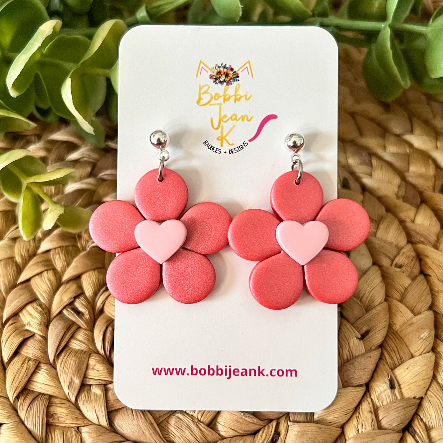"Shimmer Sunset" Flower with Heart Center Clay Earrings: Choose From 2 Color Hearts