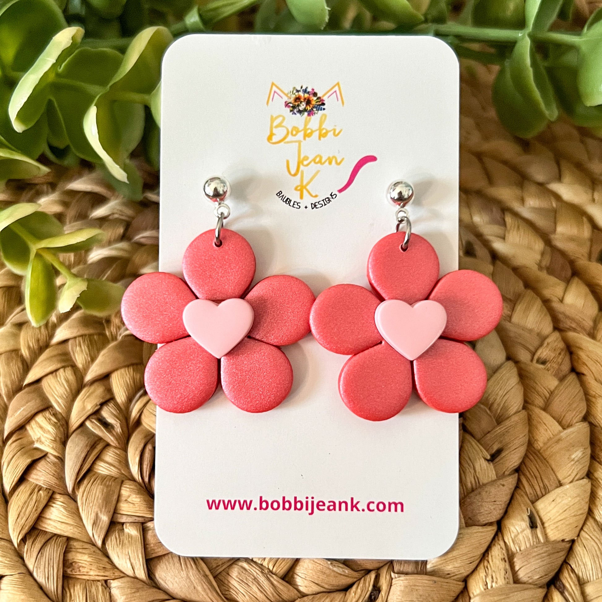 "Shimmer Sunset" Flower with Heart Center Clay Earrings: Choose From 2 Color Hearts