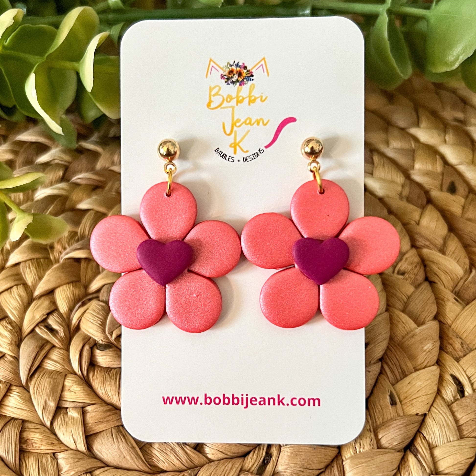 "Shimmer Sunset" Flower with Heart Center Clay Earrings: Choose From 2 Color Hearts