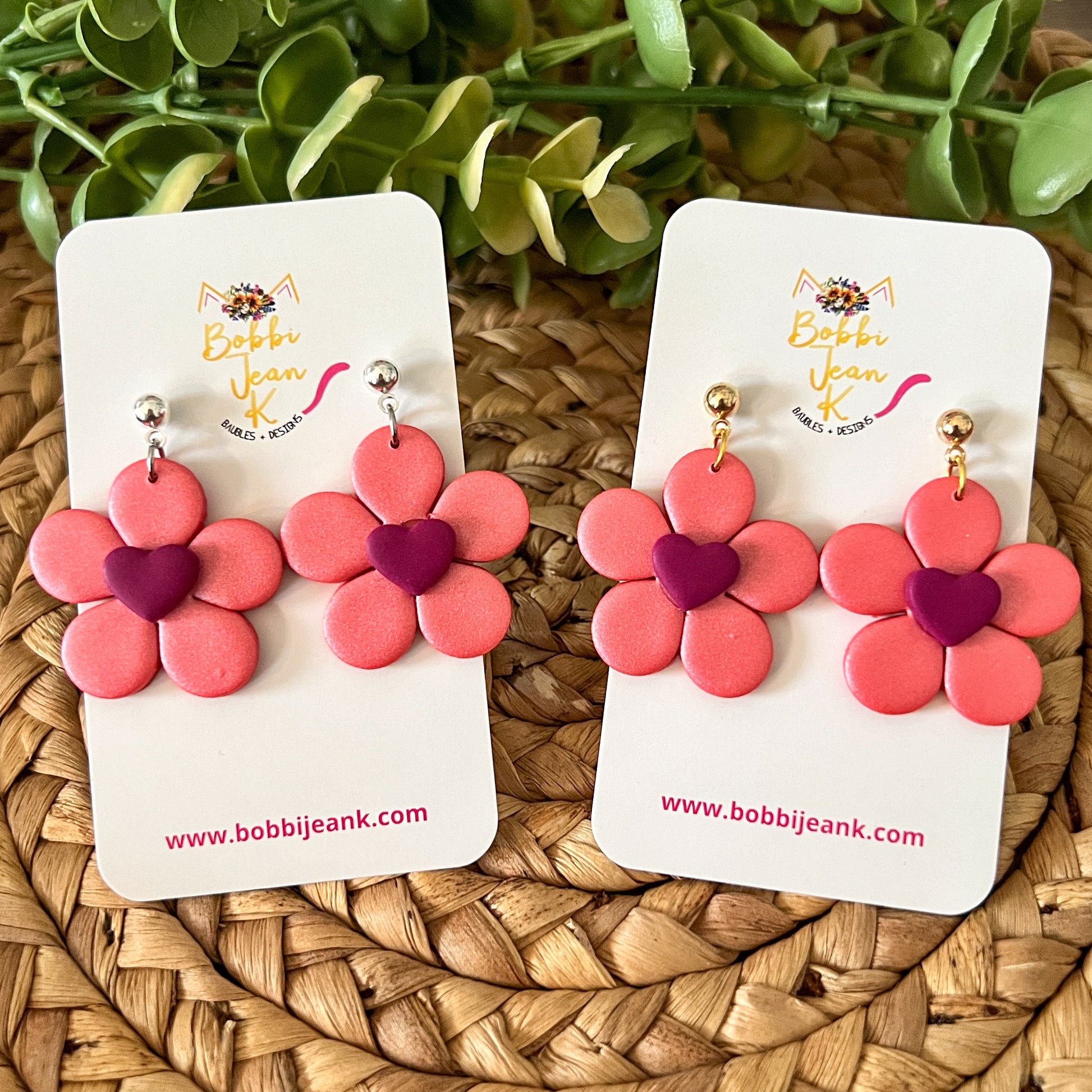 "Shimmer Sunset" Flower with Heart Center Clay Earrings: Choose From 2 Color Hearts