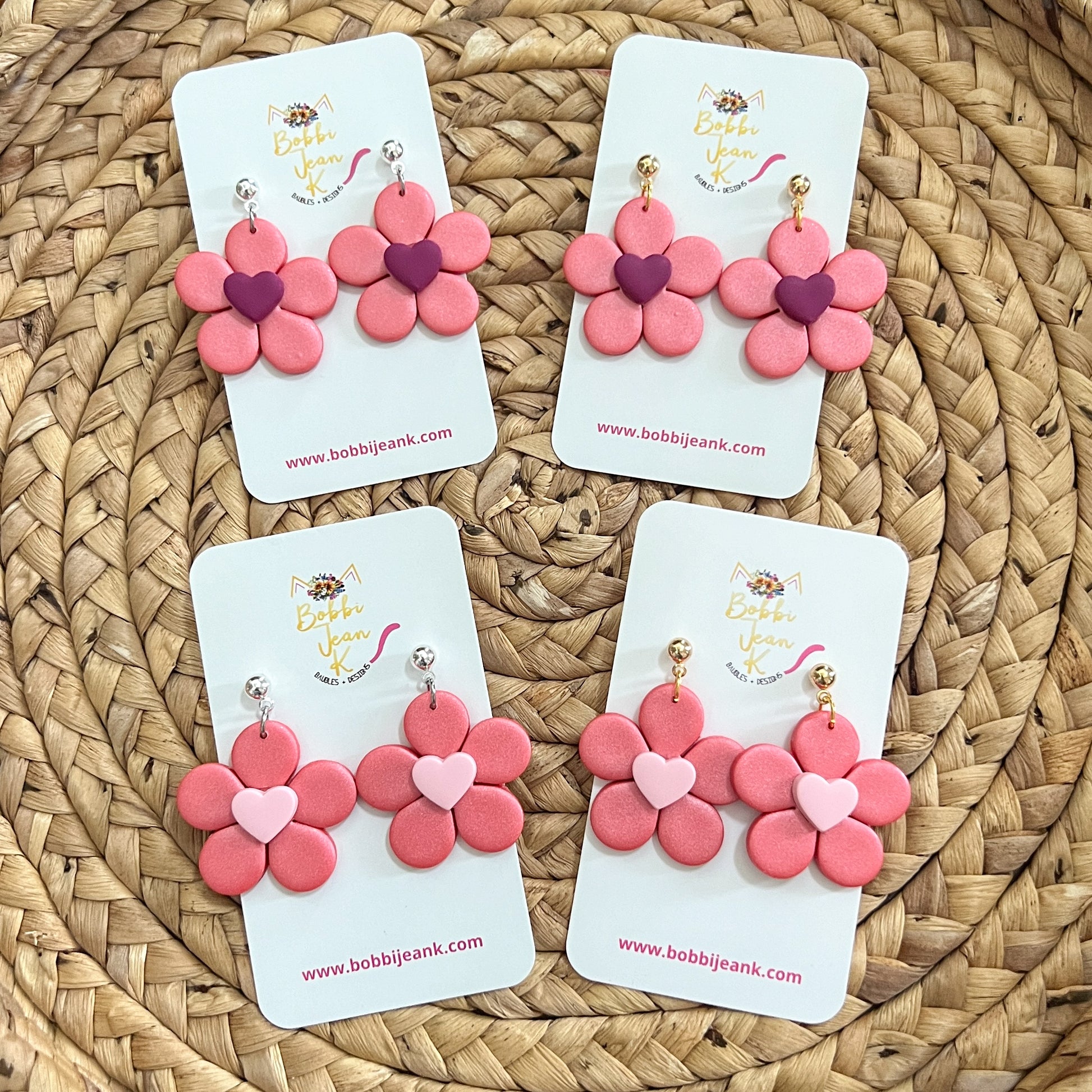 "Shimmer Sunset" Flower with Heart Center Clay Earrings: Choose From 2 Color Hearts