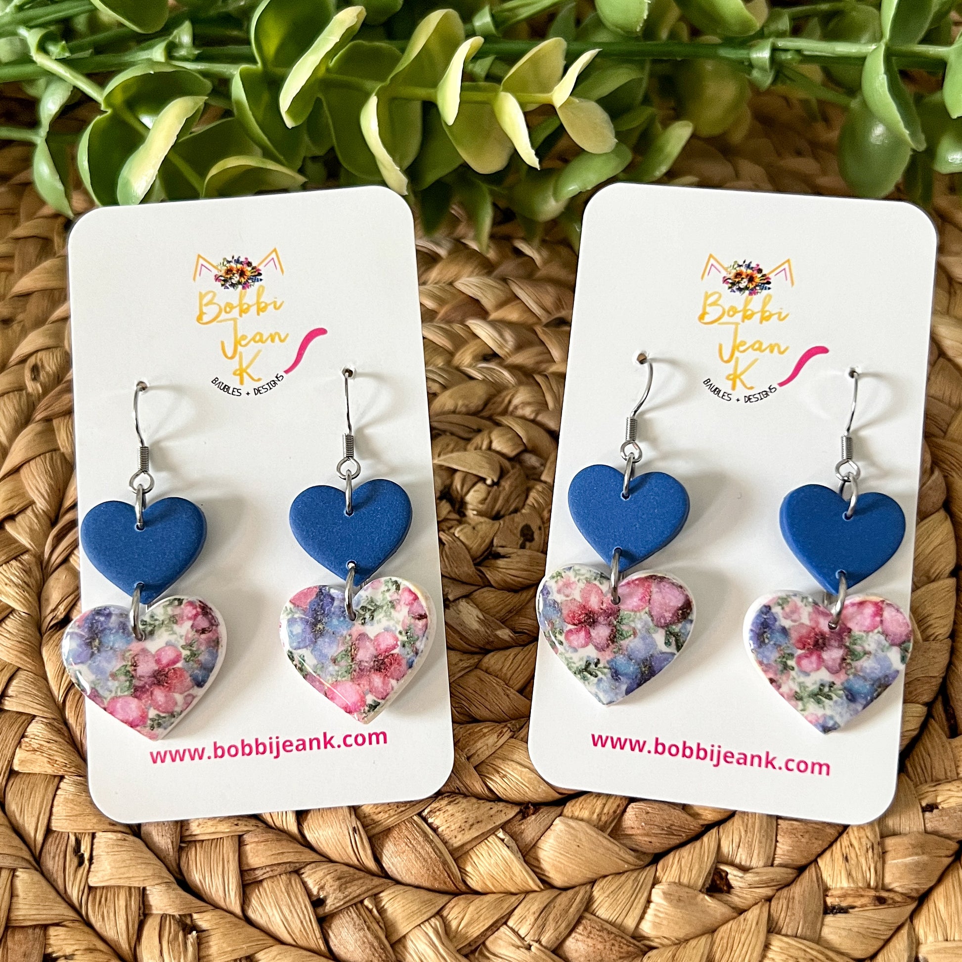 Floral Print Double Heart Clay Earrings: Choose From 2 Colors