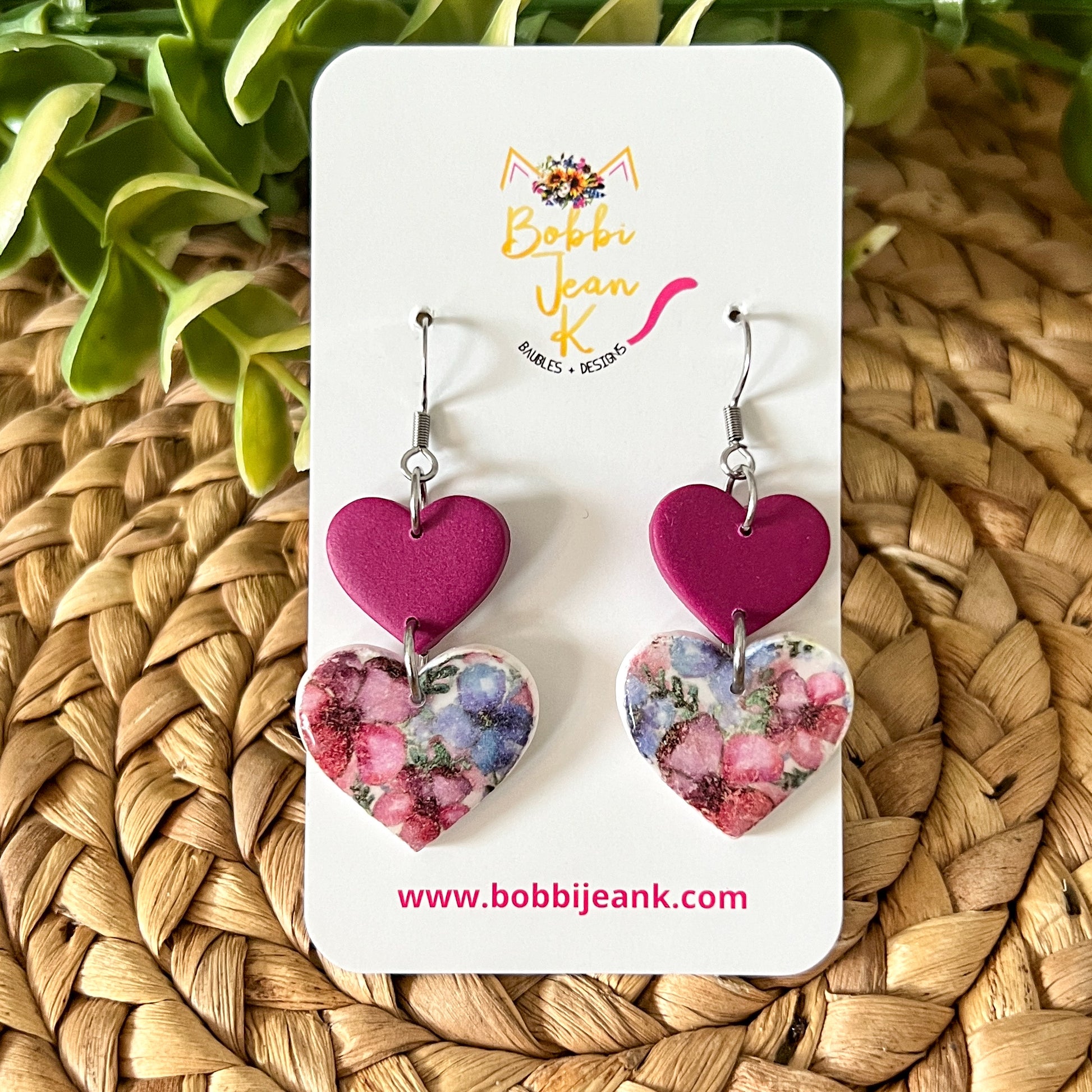 Floral Print Double Heart Clay Earrings: Choose From 2 Colors