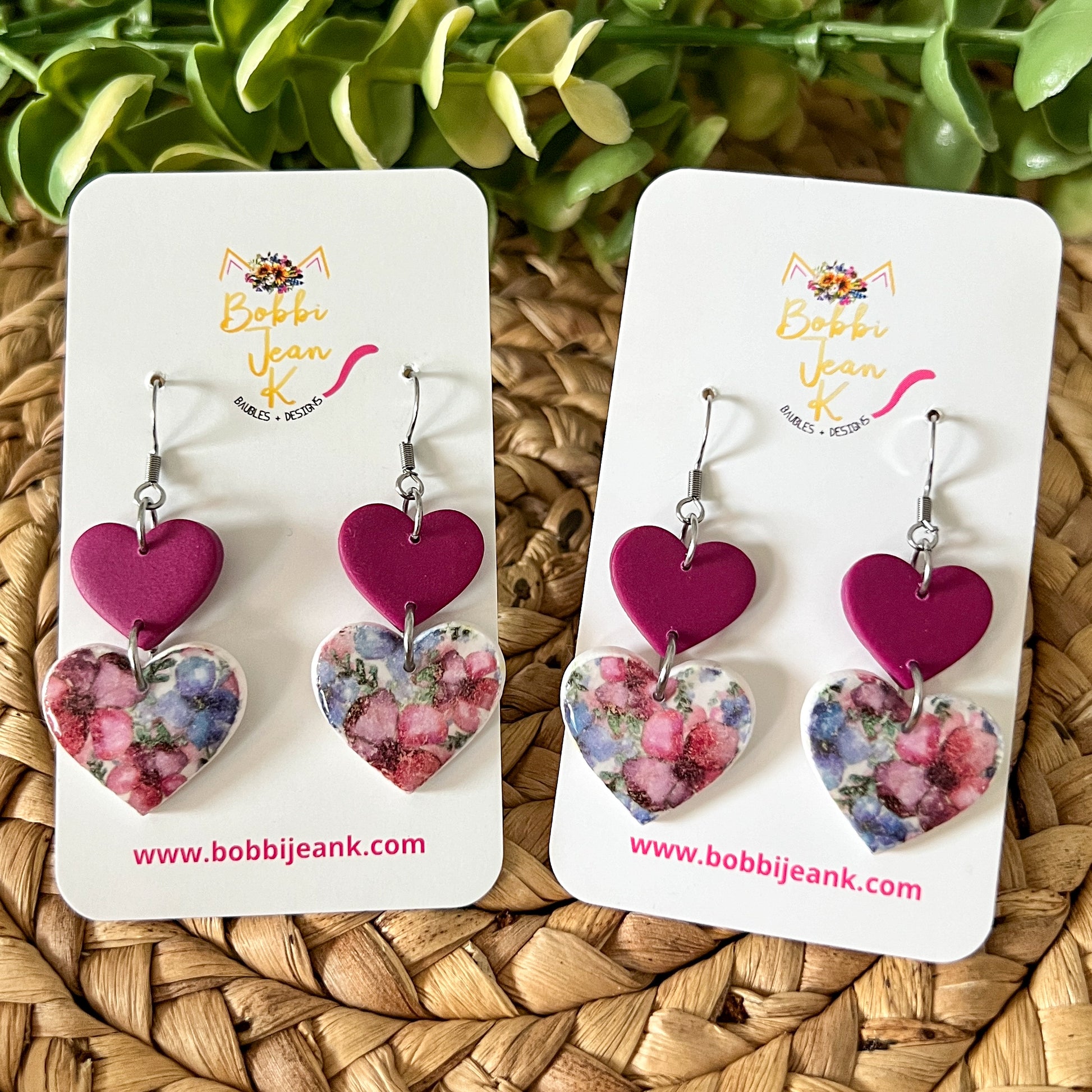 Floral Print Double Heart Clay Earrings: Choose From 2 Colors
