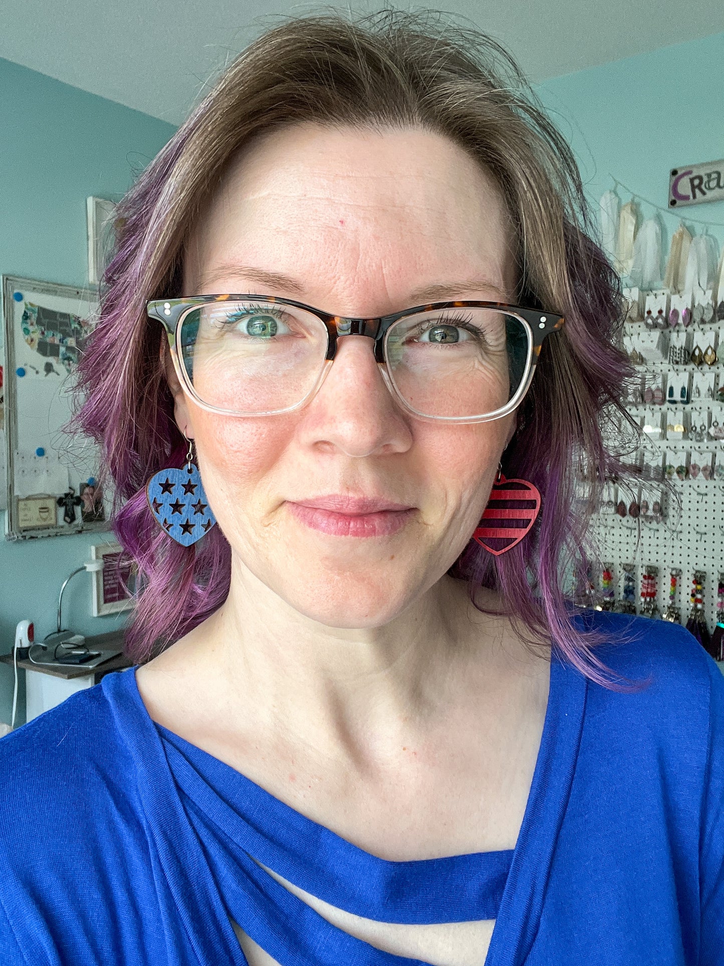 Stars & Stripes Heart Shaped Dyed Wood Earrings