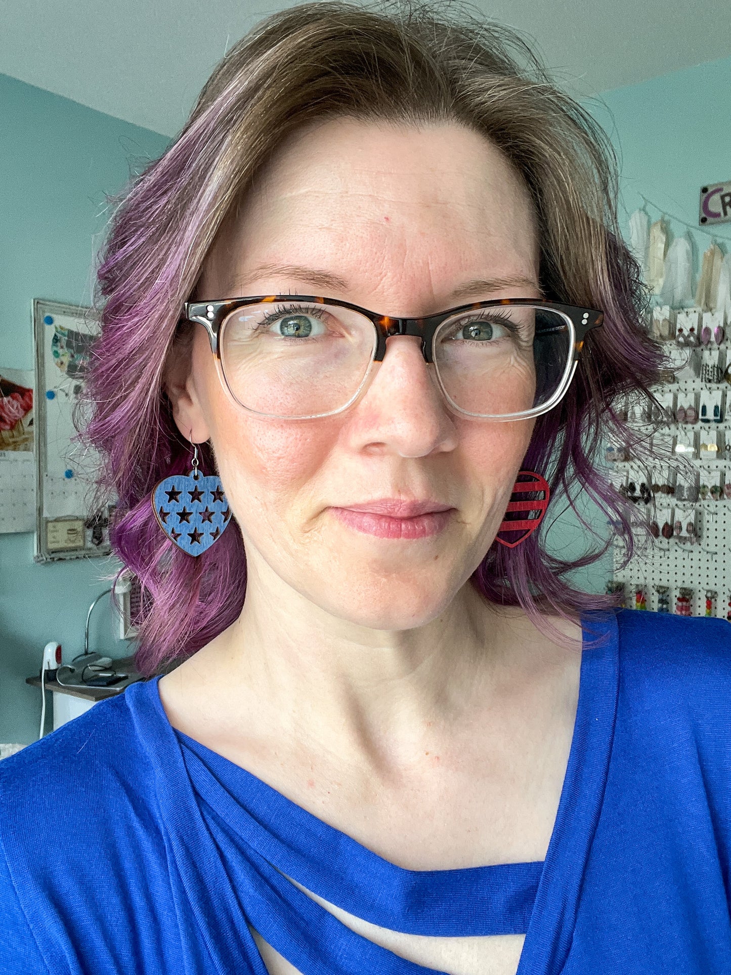 Stars & Stripes Heart Shaped Dyed Wood Earrings