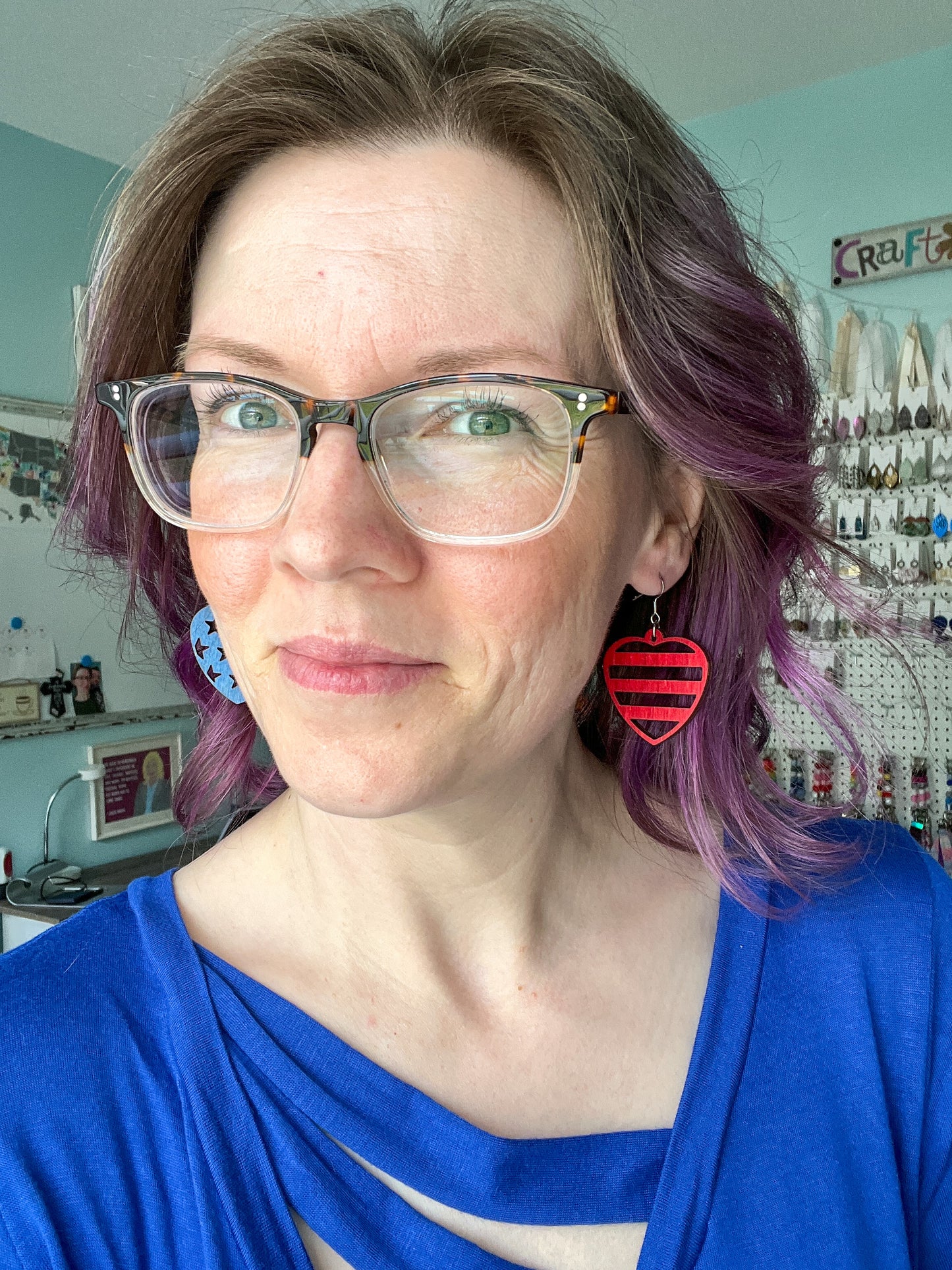 Stars & Stripes Heart Shaped Dyed Wood Earrings