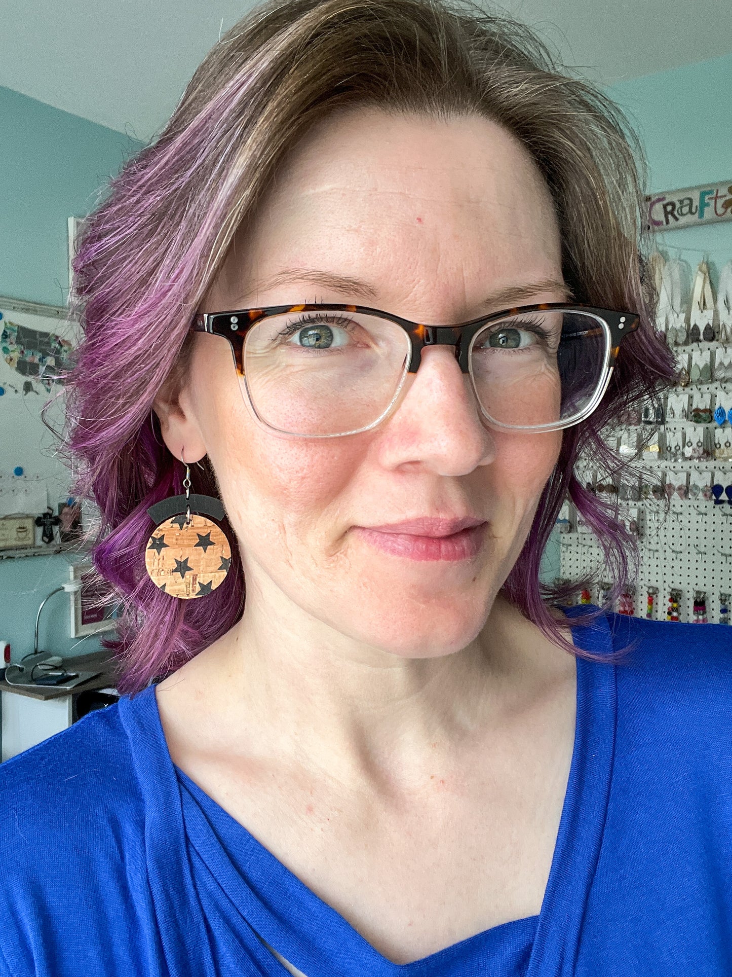 Black Stars on Natural or White Cork on Leather Circle Drop Earrings