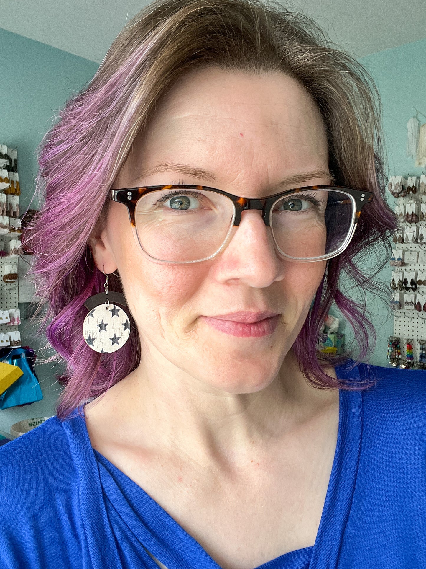 Black Stars on Natural or White Cork on Leather Circle Drop Earrings