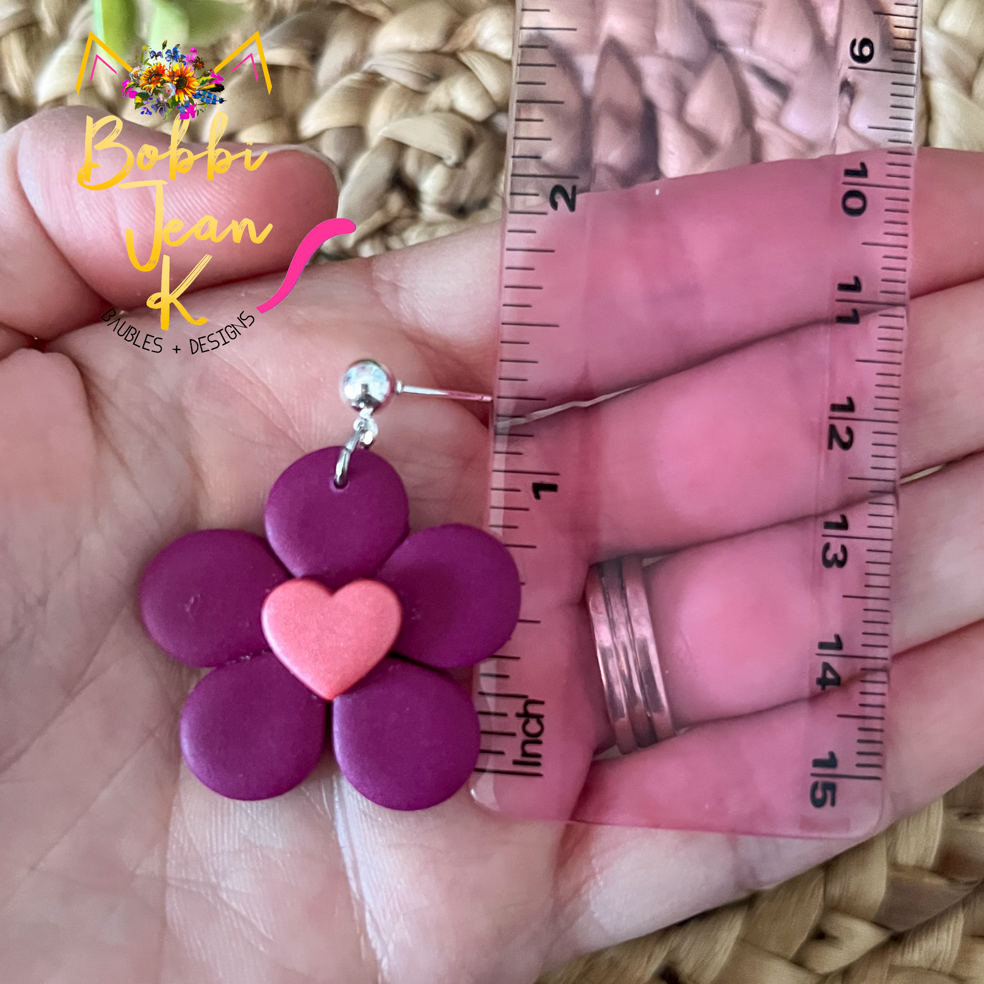 Plum Flower with Heart Center Clay Earrings: Choose From 2 Color Hearts