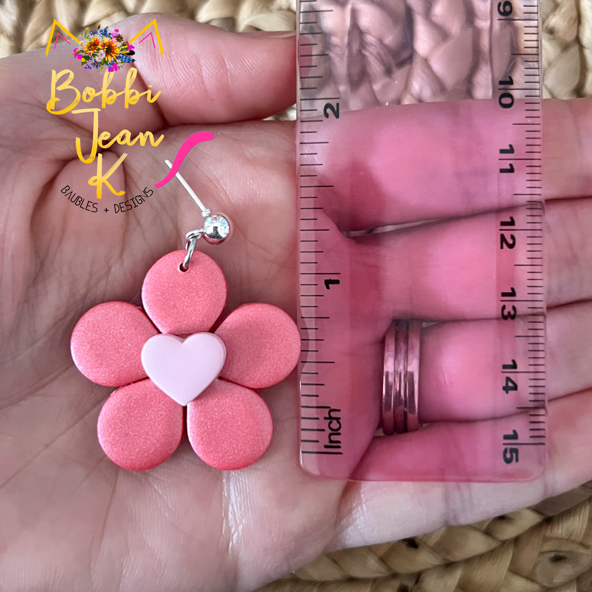 "Shimmer Sunset" Flower with Heart Center Clay Earrings: Choose From 2 Color Hearts