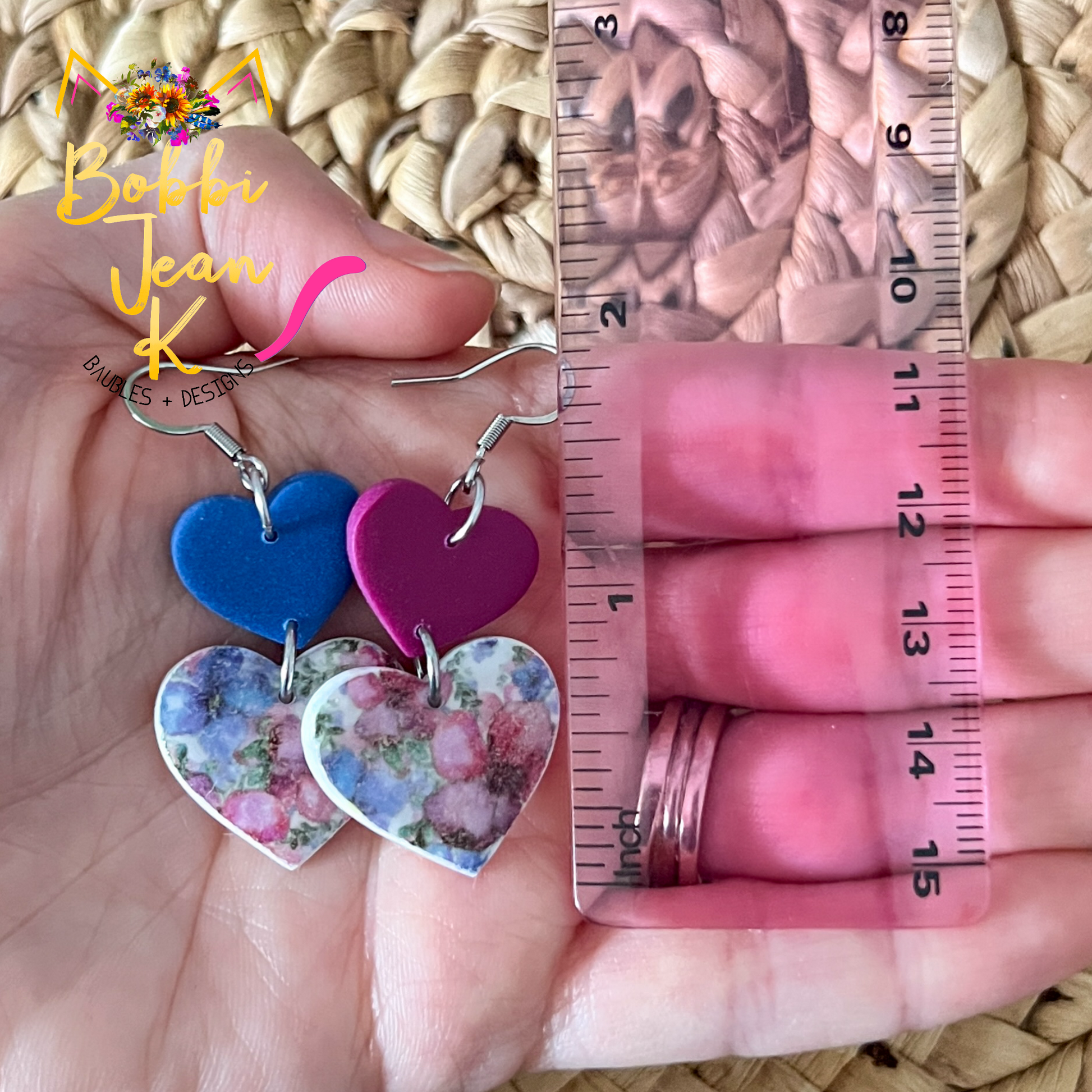 Floral Print Double Heart Clay Earrings: Choose From 2 Colors