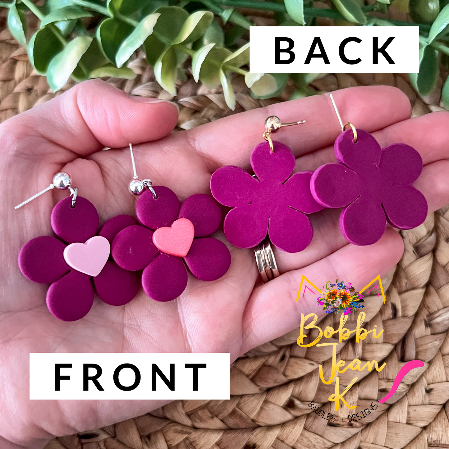 Plum Flower with Heart Center Clay Earrings: Choose From 2 Color Hearts