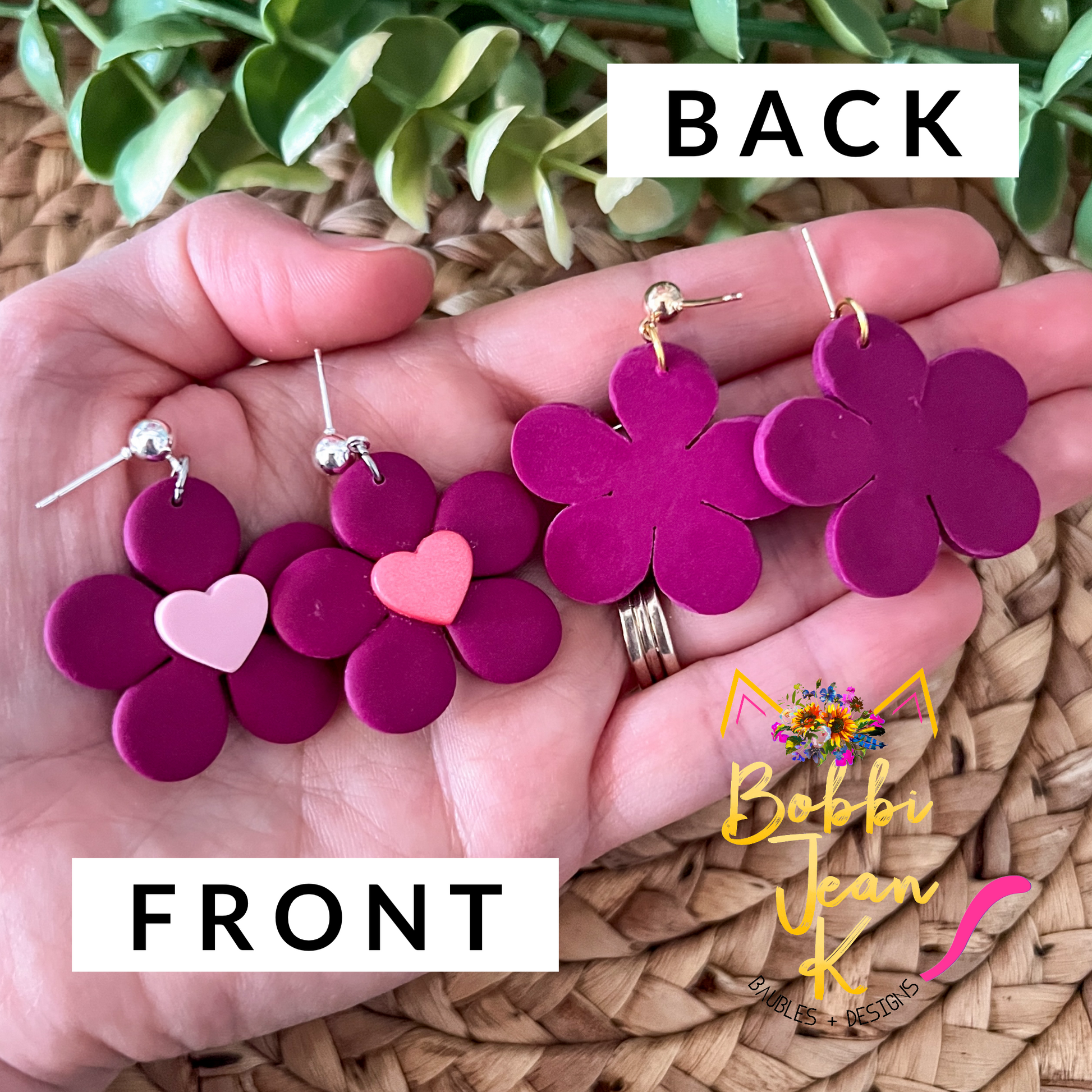 Plum Flower with Heart Center Clay Earrings: Choose From 2 Color Hearts