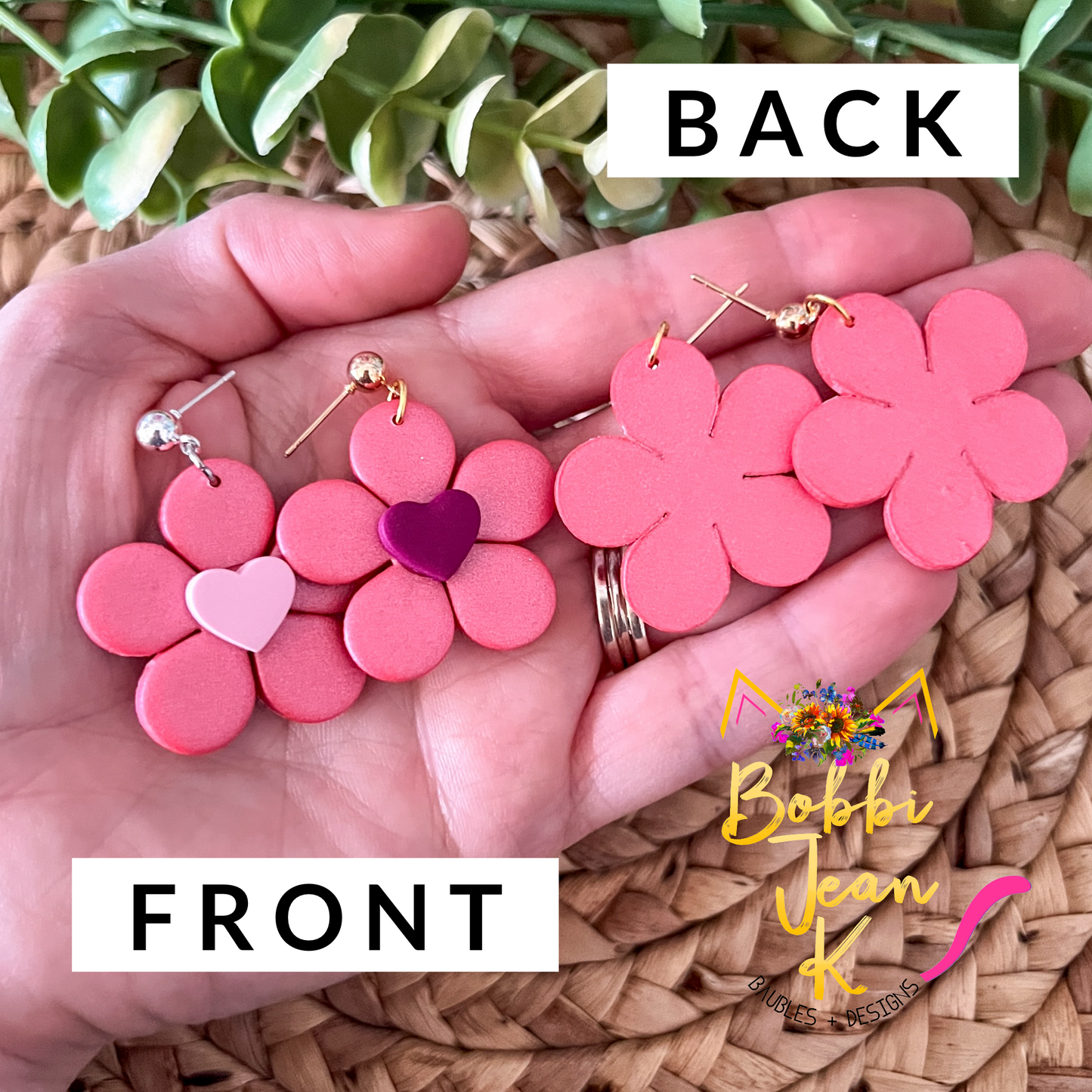 "Shimmer Sunset" Flower with Heart Center Clay Earrings: Choose From 2 Color Hearts