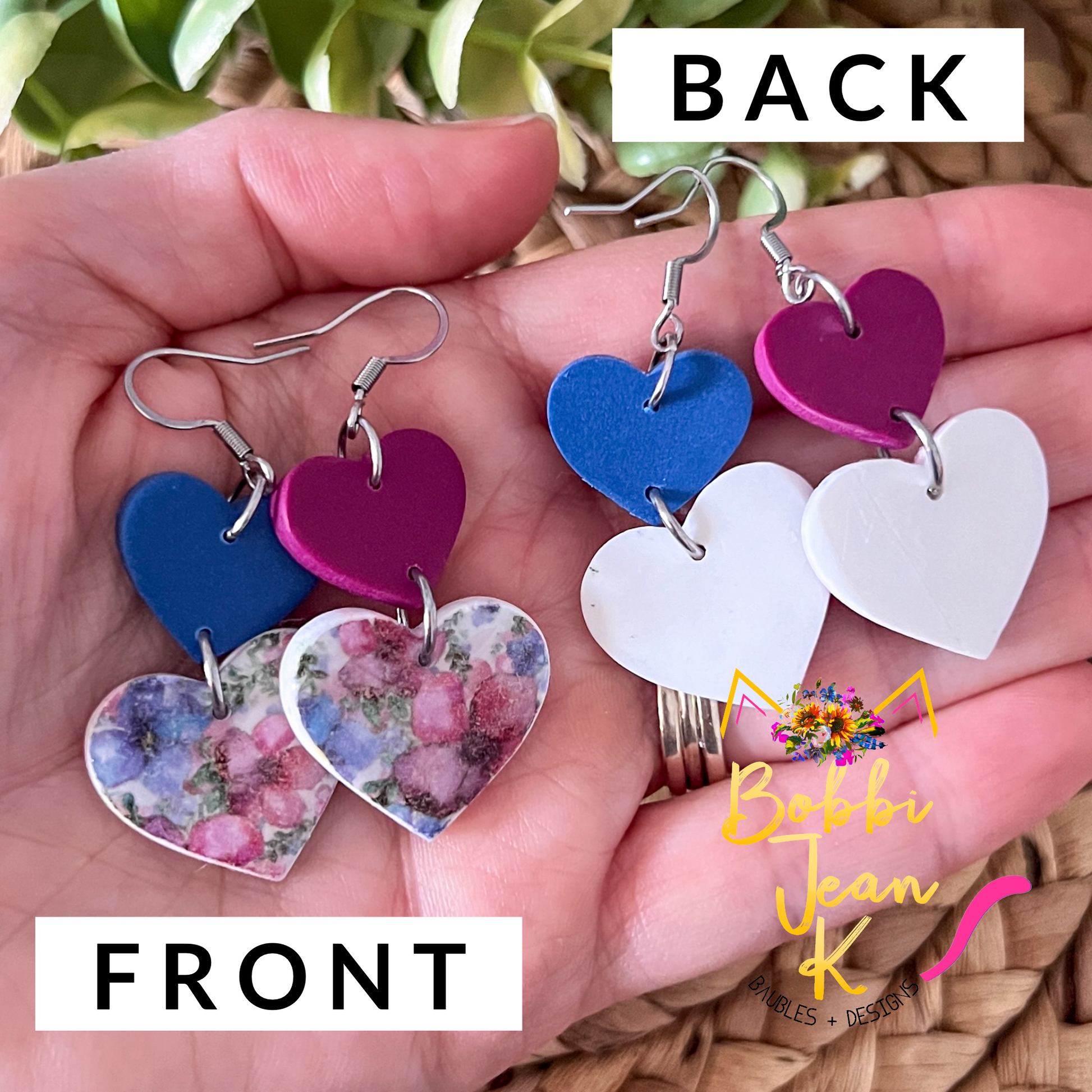 Floral Print Double Heart Clay Earrings: Choose From 2 Colors