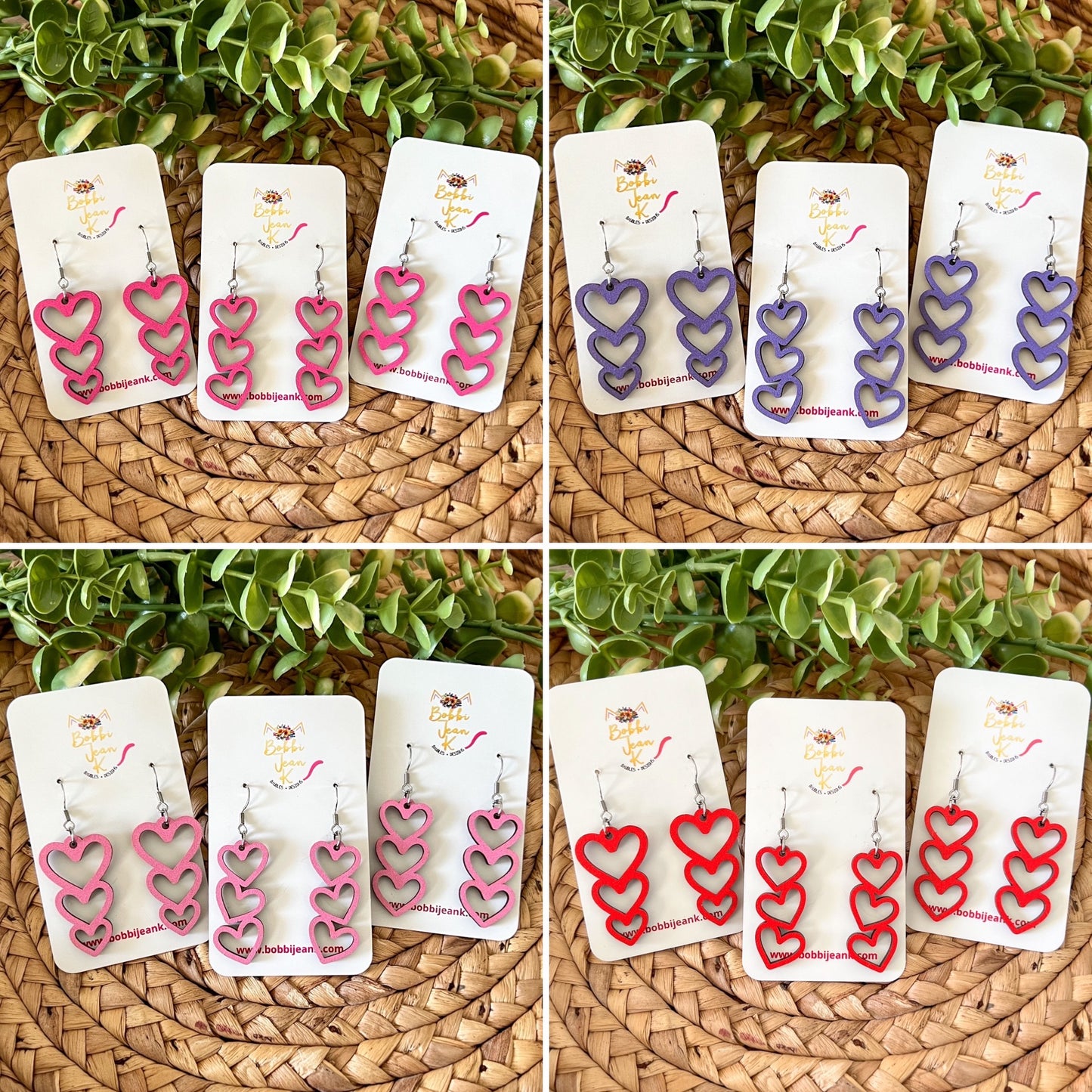 Bright Pink Stacked Heart Wood Earrings: Choose From 3 Designs