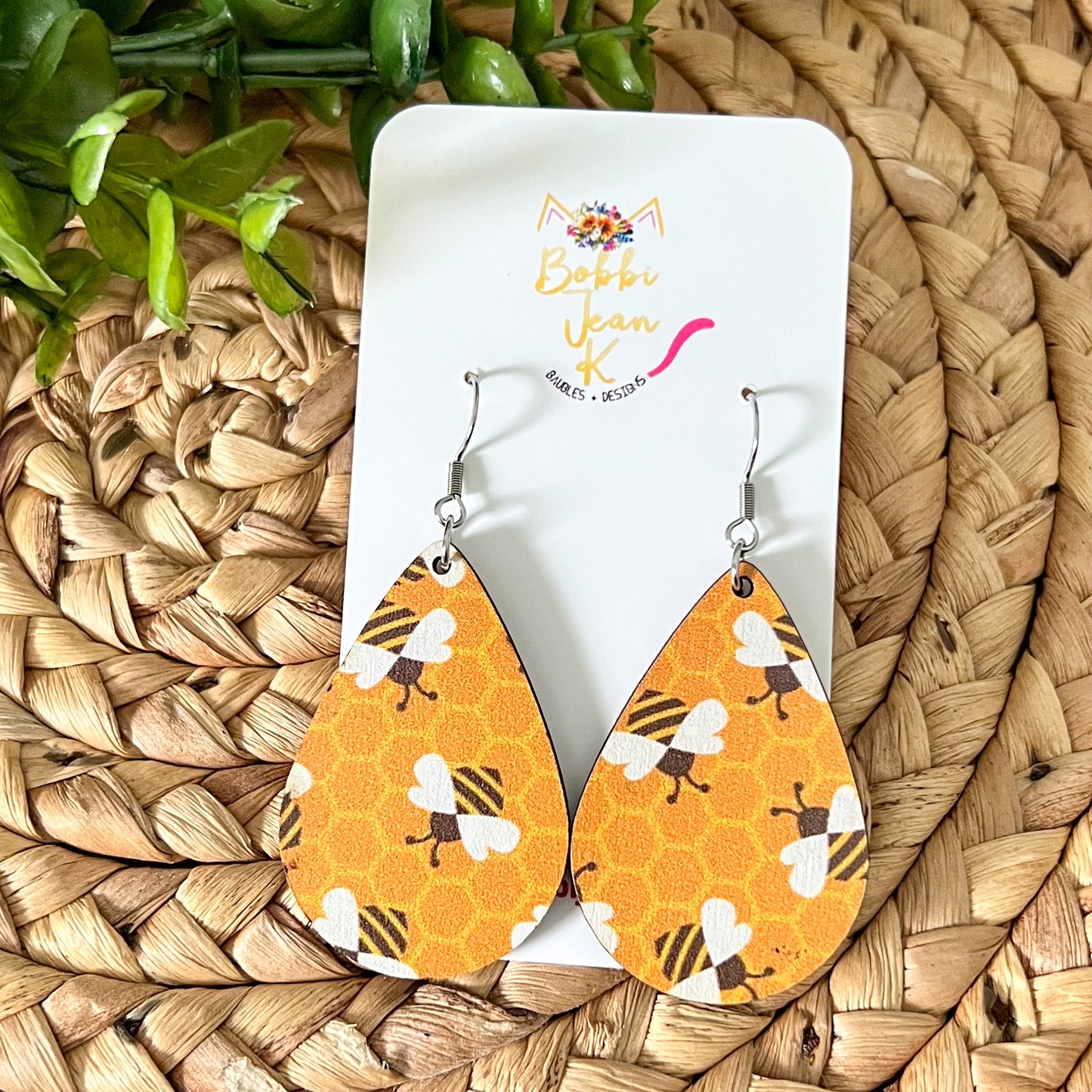 Bright Bee Patterned Wood Earrings: Choose From 2 Style Options