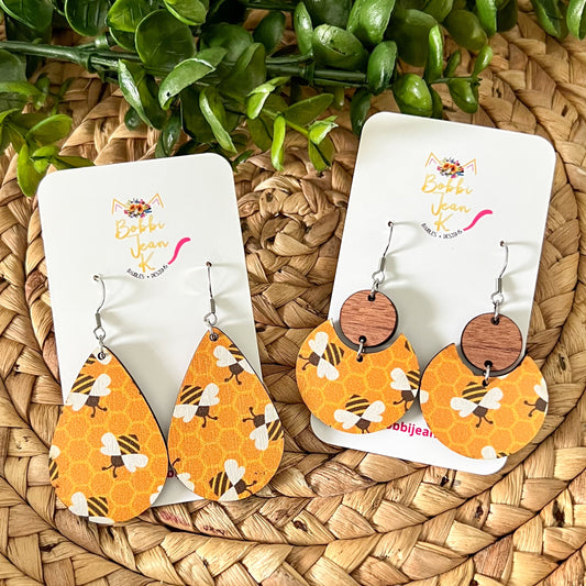 Bright Bee Patterned Wood Earrings: Choose From 2 Style Options