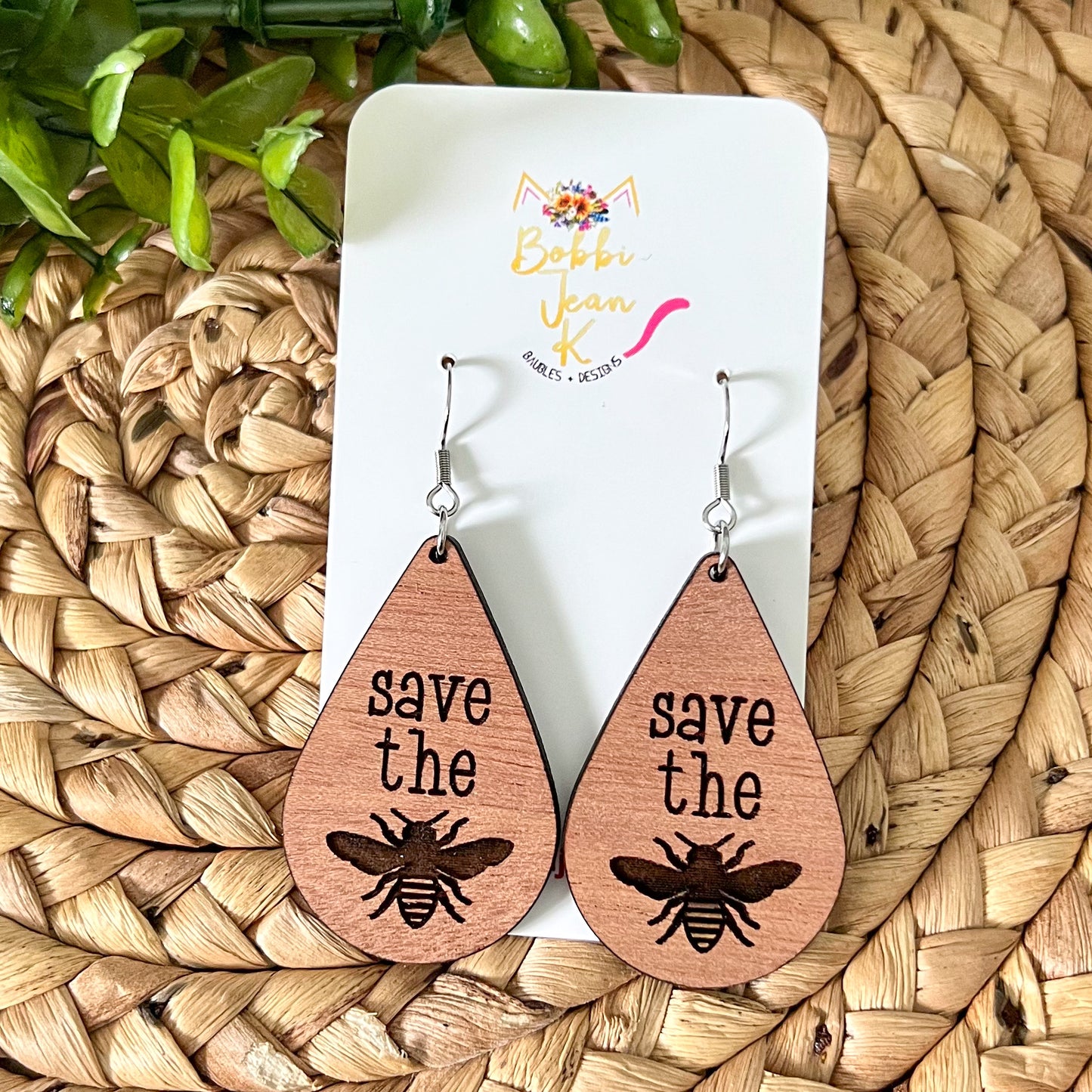Save the Bees Engraved Wood Teardrops: Choose From 2 Wood Options