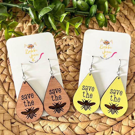 Save the Bees Engraved Wood Teardrops: Choose From 2 Wood Options - LAST CHANCE - DESIGN BEING DISCONTINUED