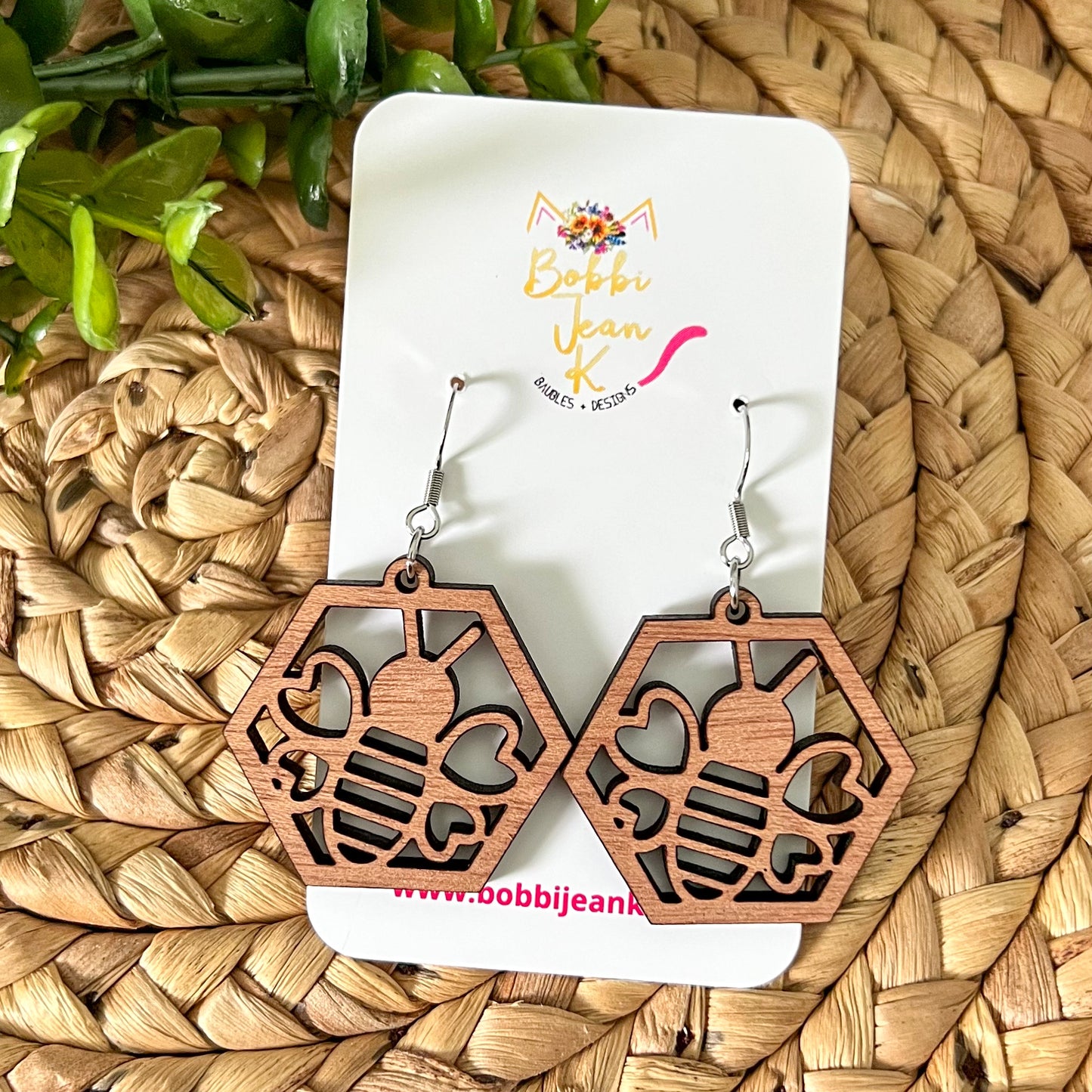 Bee Hexagon Wood Earrings: Choose From 2 Wood Options