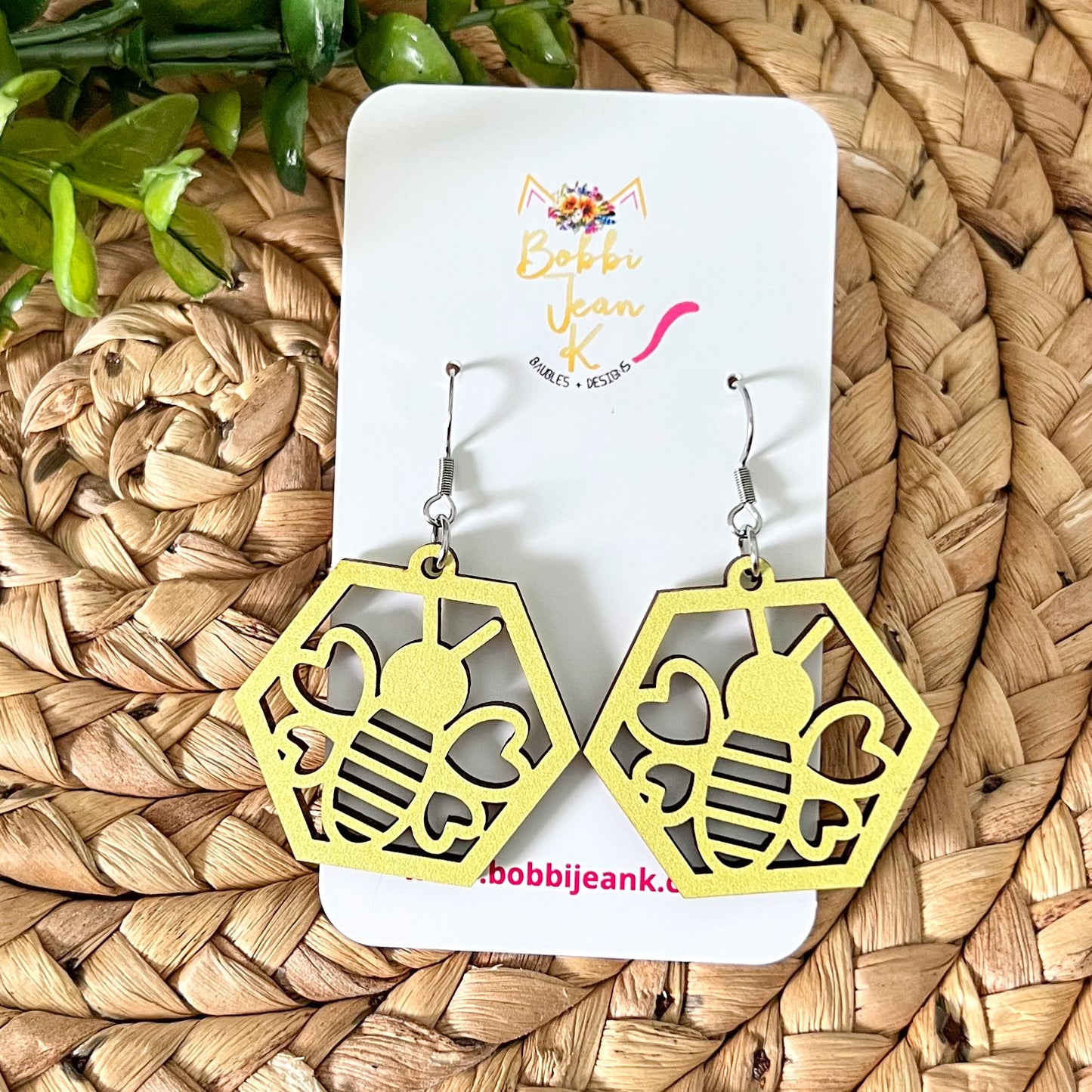 Bee Hexagon Wood Earrings: Choose From 2 Wood Options