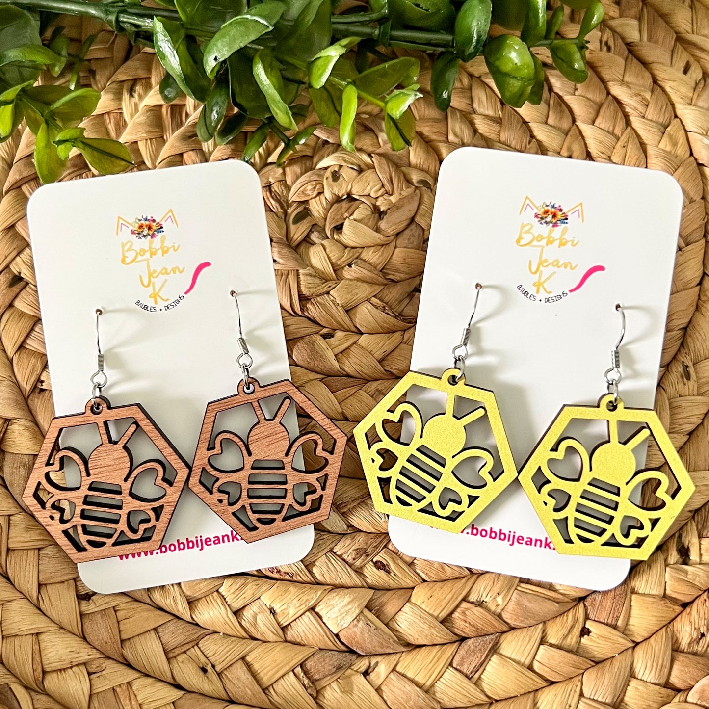 Bee Hexagon Wood Earrings: Choose From 2 Wood Options