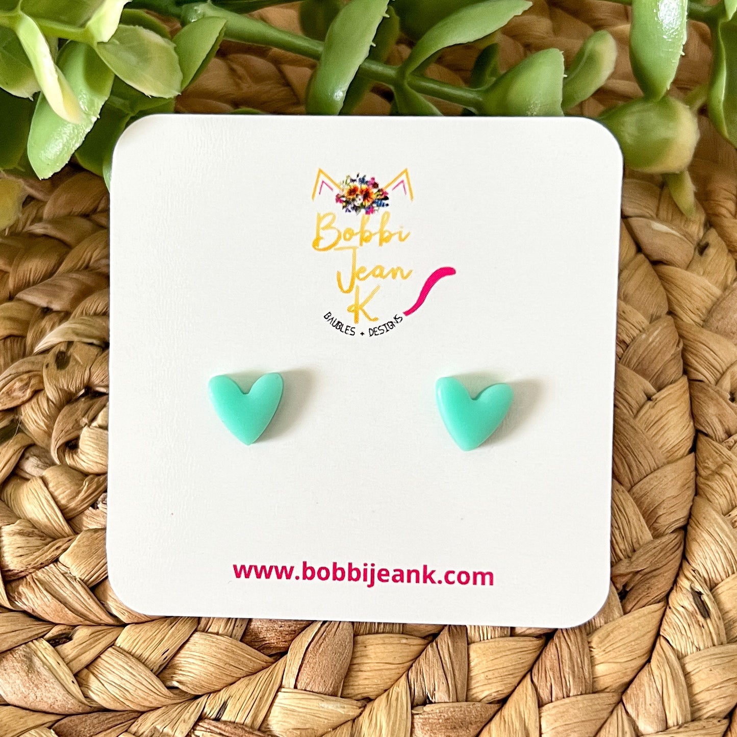Mint Green Clay Heart Studs: Choose 12mm or 8mm Size Options - LAST CHANCE