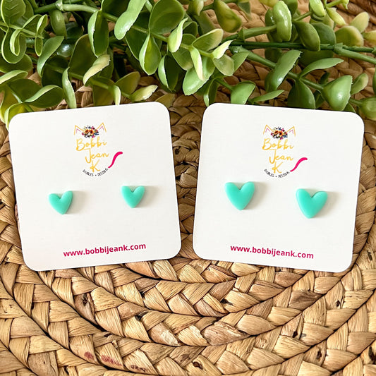 Mint Green Clay Heart Studs: Choose 12mm or 8mm Size Options - LAST CHANCE
