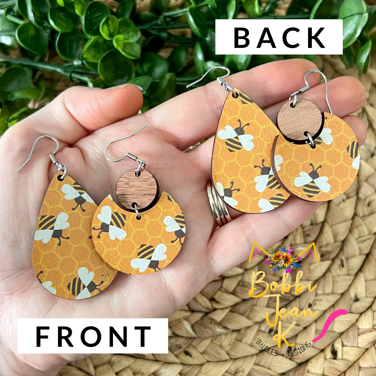 Bright Bee Patterned Wood Earrings: Choose From 2 Style Options