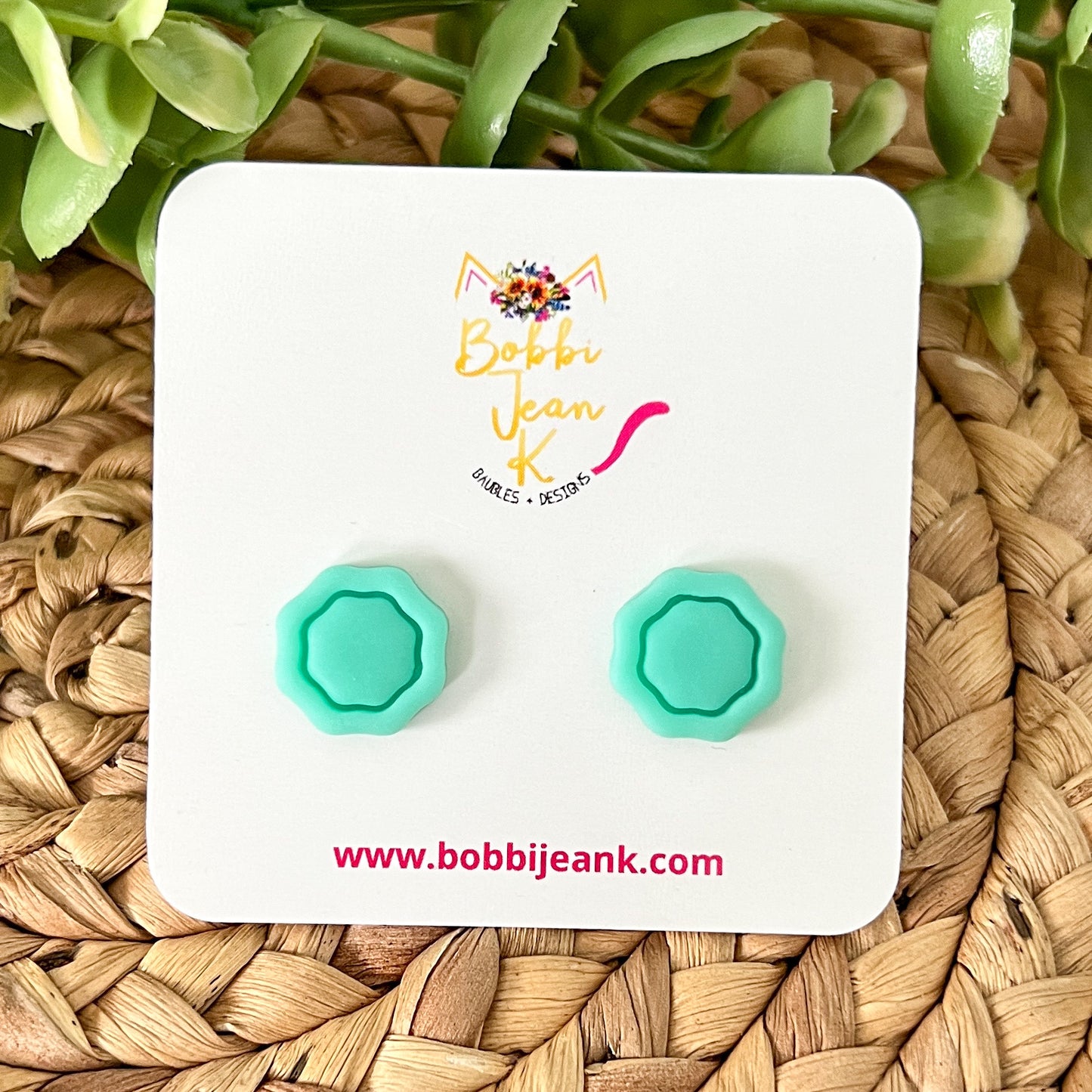 SALE: Mint Green "Piped" Octagon Clay Studs: Choose Solid, Silver, or Gold Rimmed - LAST CHANCE