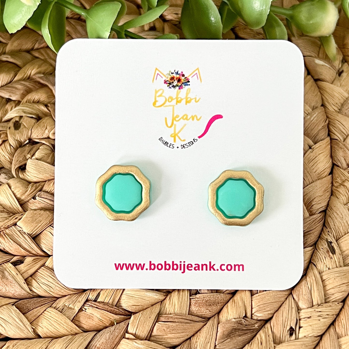 SALE: Mint Green "Piped" Octagon Clay Studs: Choose Solid, Silver, or Gold Rimmed - LAST CHANCE