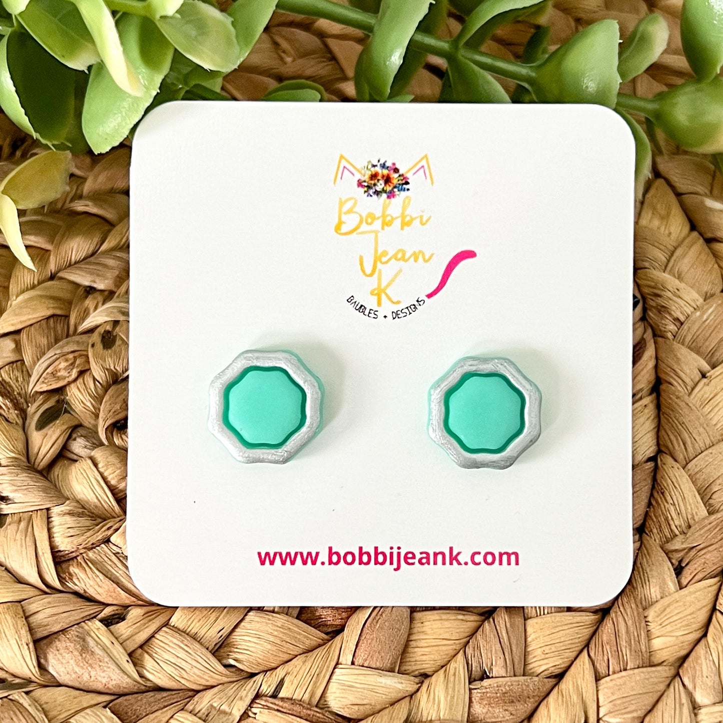 SALE: Mint Green "Piped" Octagon Clay Studs: Choose Solid, Silver, or Gold Rimmed - LAST CHANCE