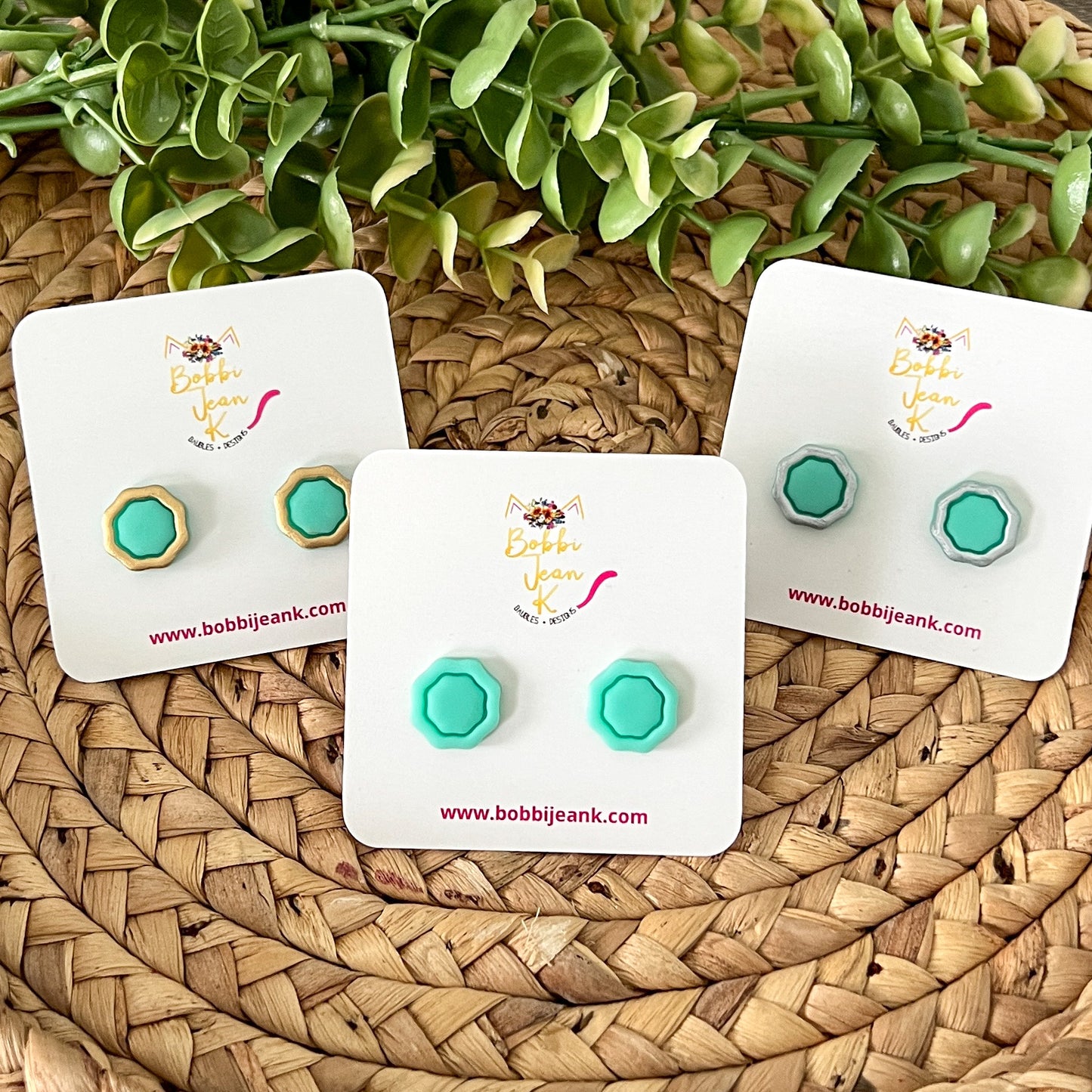 SALE: Mint Green "Piped" Octagon Clay Studs: Choose Solid, Silver, or Gold Rimmed - LAST CHANCE