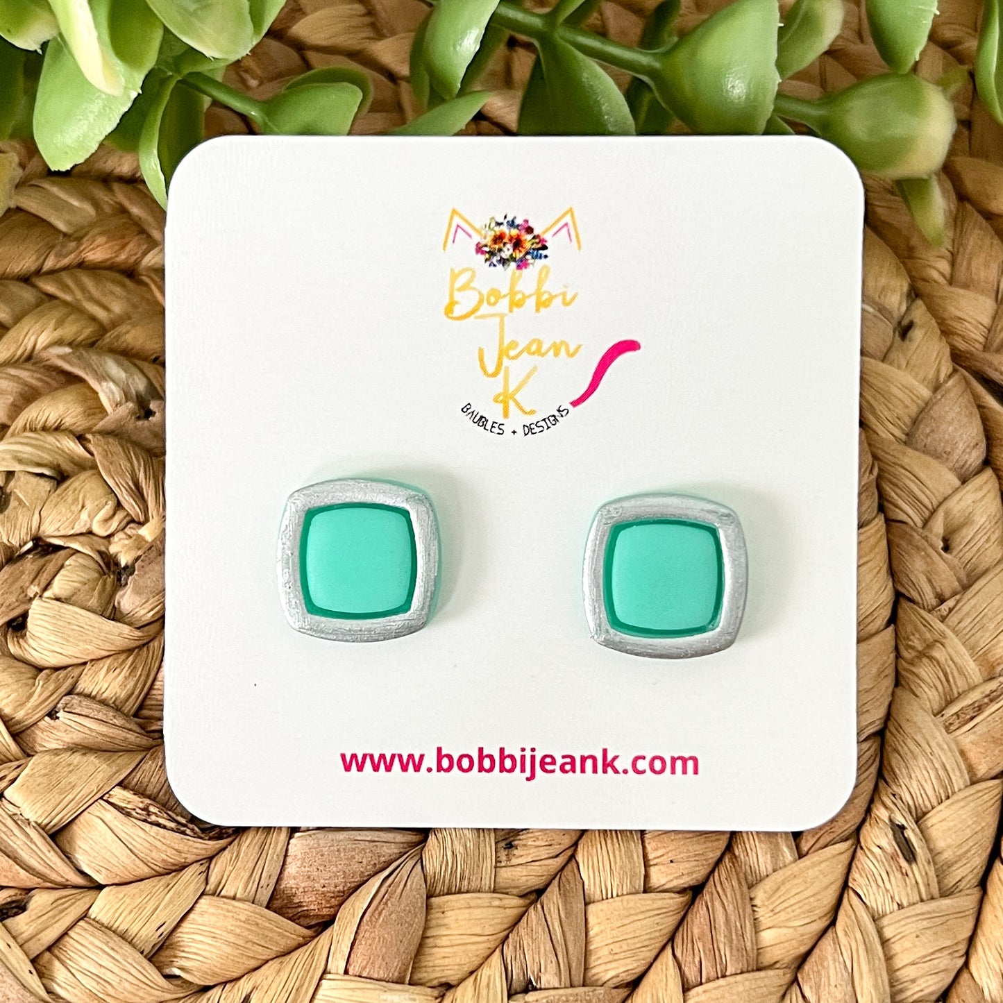 SALE: Mint Green "Piped" Square Clay Studs: Choose Solid, Silver, or Gold Rimmed - LAST CHANCE
