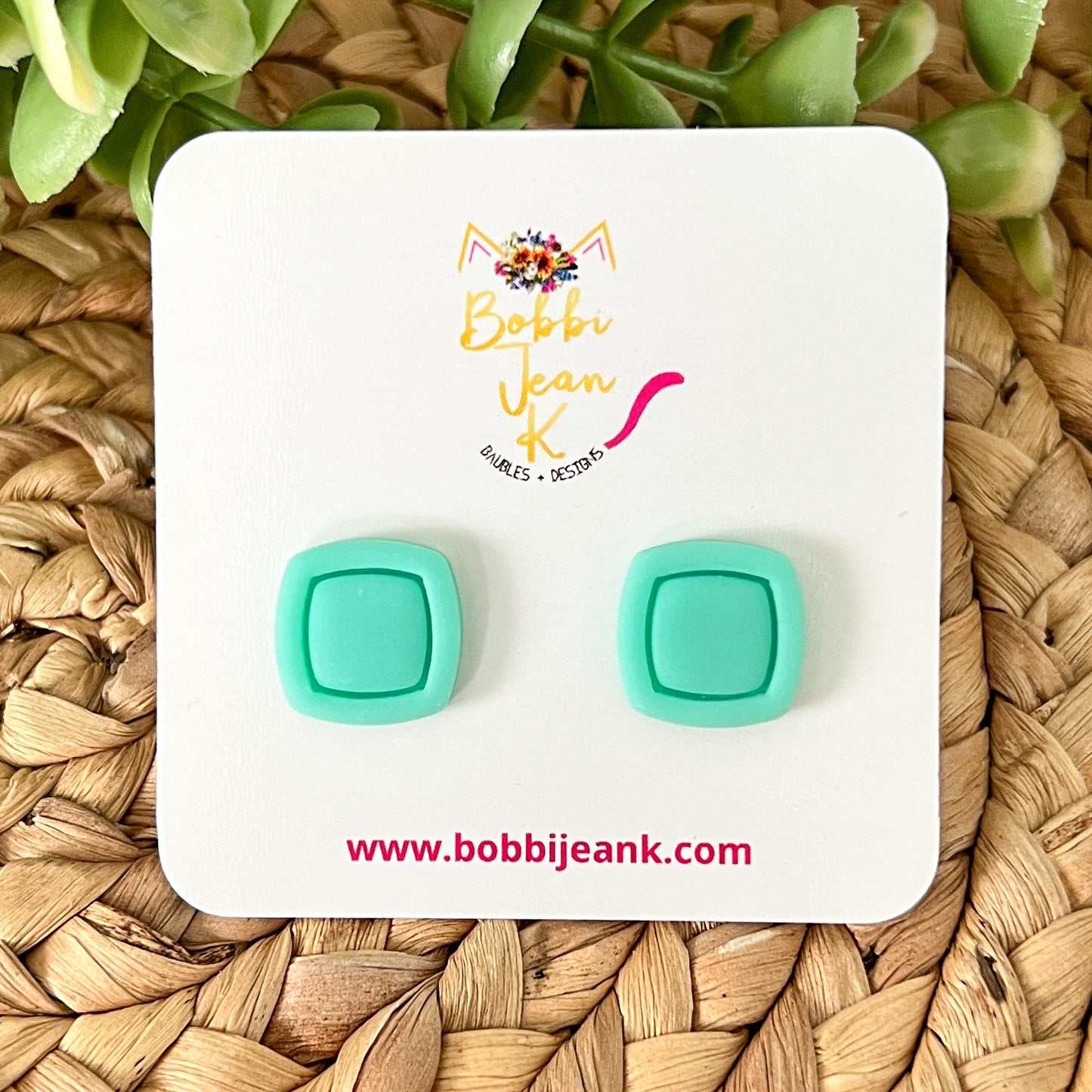 SALE: Mint Green "Piped" Square Clay Studs: Choose Solid, Silver, or Gold Rimmed - LAST CHANCE