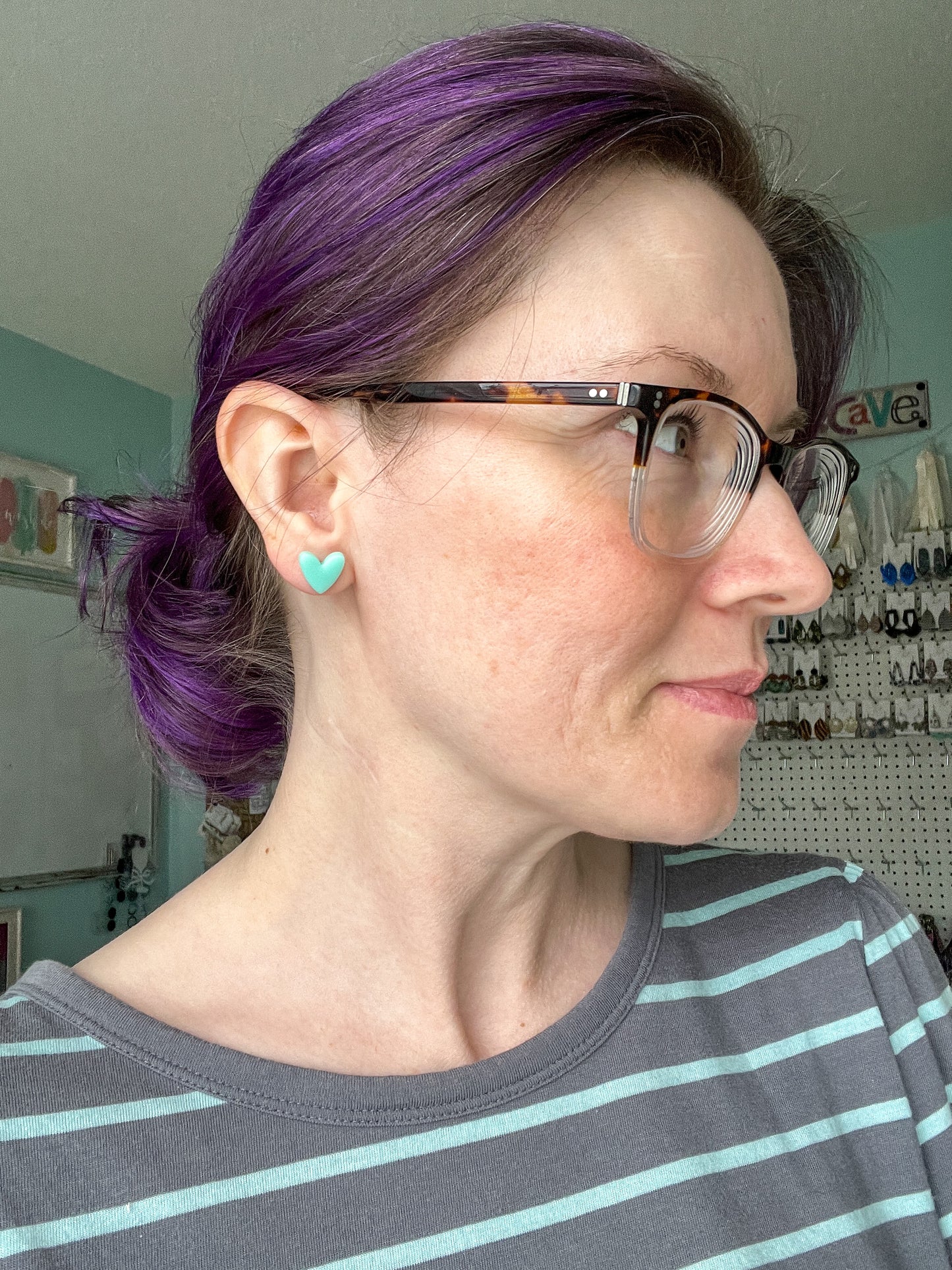 Mint Green Clay Heart Studs: Choose 12mm or 8mm Size Options - LAST CHANCE