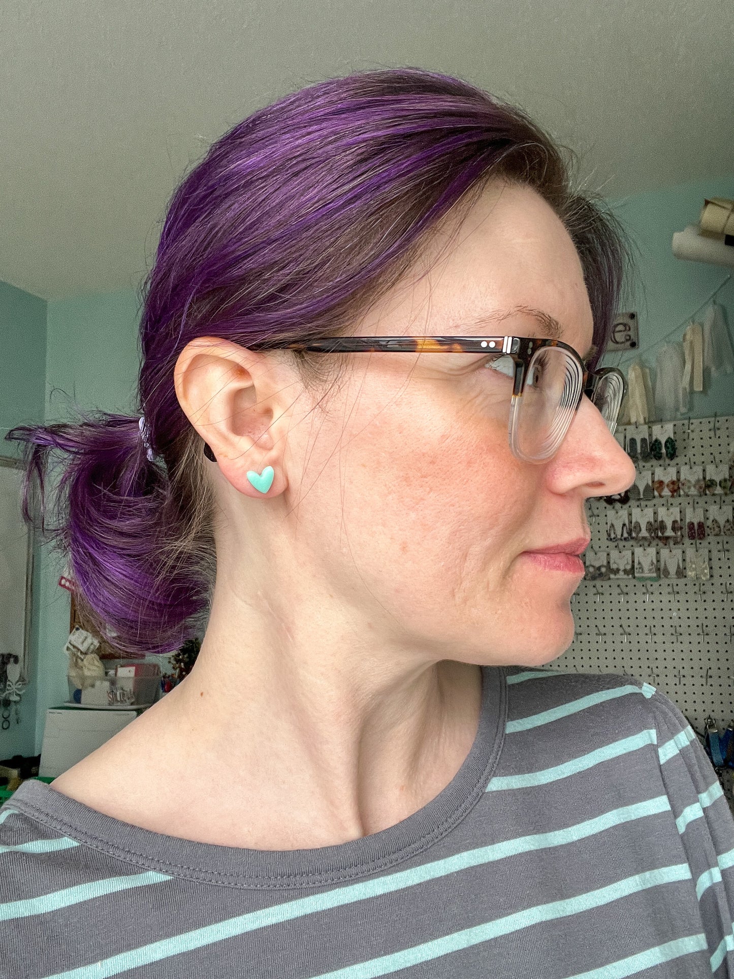 Mint Green Clay Heart Studs: Choose 12mm or 8mm Size Options - LAST CHANCE