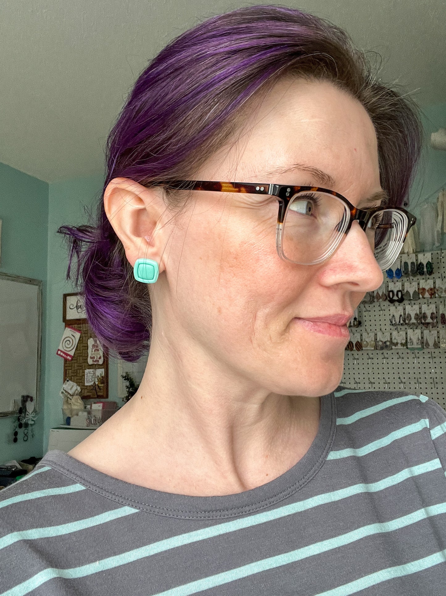 SALE: Mint Green "Piped" Square Clay Studs: Choose Solid, Silver, or Gold Rimmed - LAST CHANCE