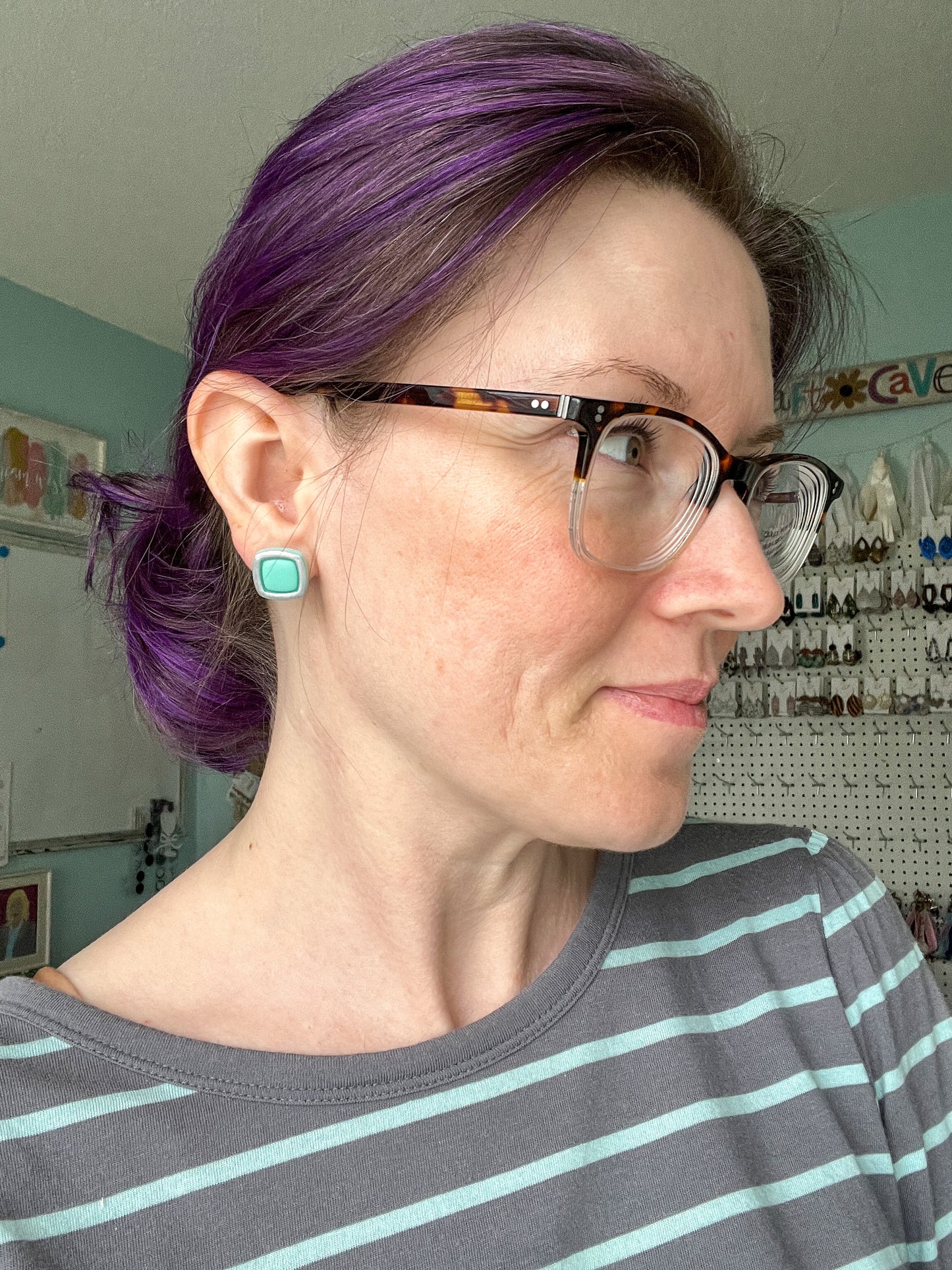 SALE: Mint Green "Piped" Square Clay Studs: Choose Solid, Silver, or Gold Rimmed - LAST CHANCE