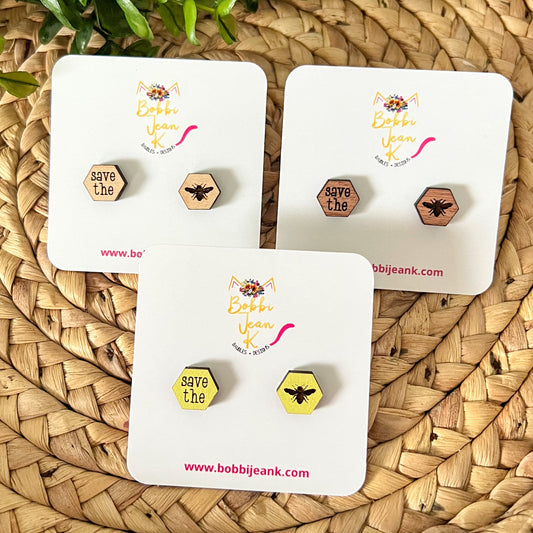 SALE: Save the Bees Wood Studs: Choose From 3 Wood Options - DESIGN BEING DISCONTINUED (Was $8)