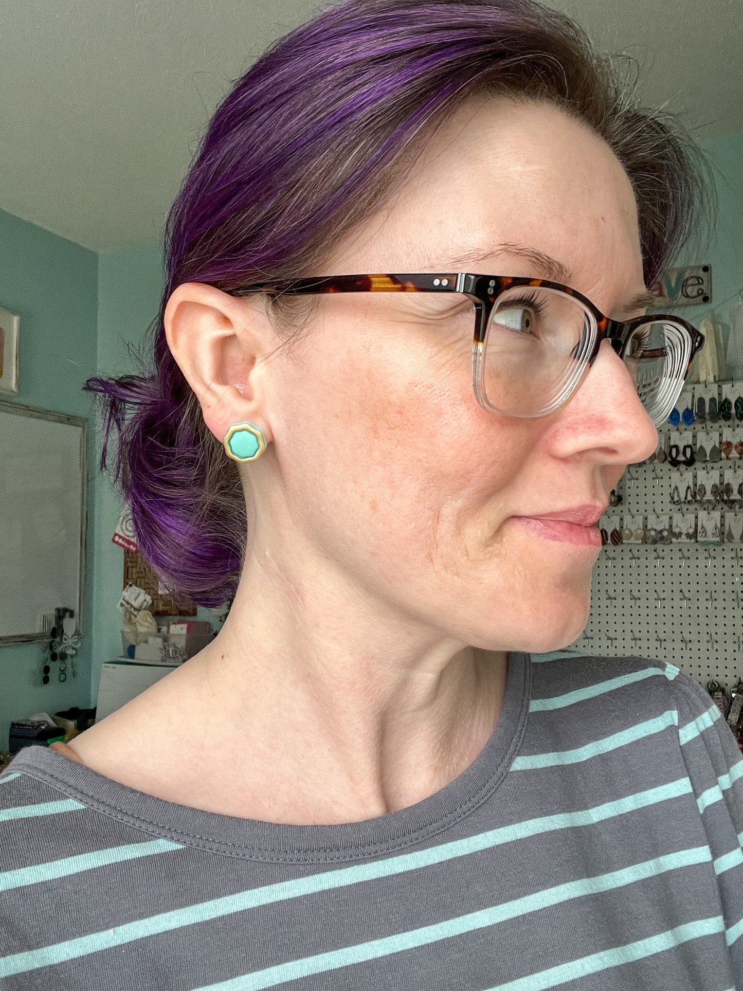 SALE: Mint Green "Piped" Octagon Clay Studs: Choose Solid, Silver, or Gold Rimmed - LAST CHANCE