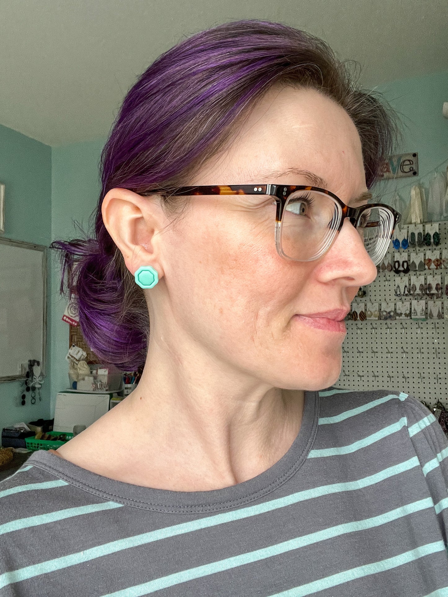 SALE: Mint Green "Piped" Octagon Clay Studs: Choose Solid, Silver, or Gold Rimmed - LAST CHANCE